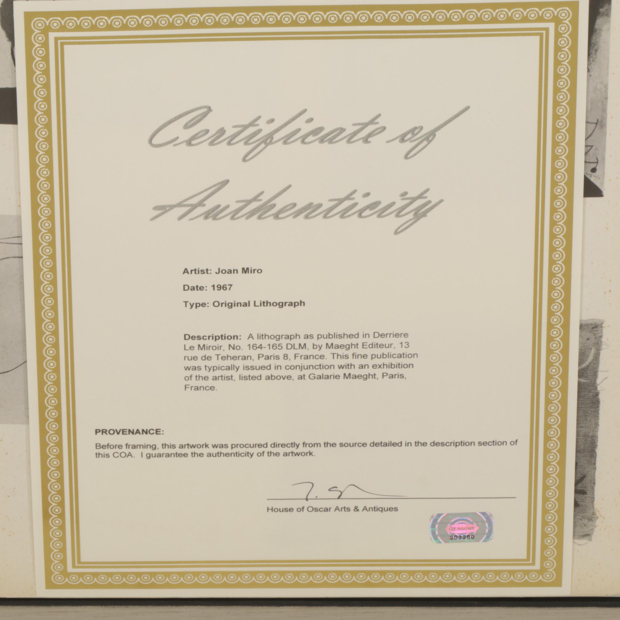 Joan Miró "L'Oiseau Solaire, L'Oiseau Lunaire, Etincelles" Lithograph, 1967