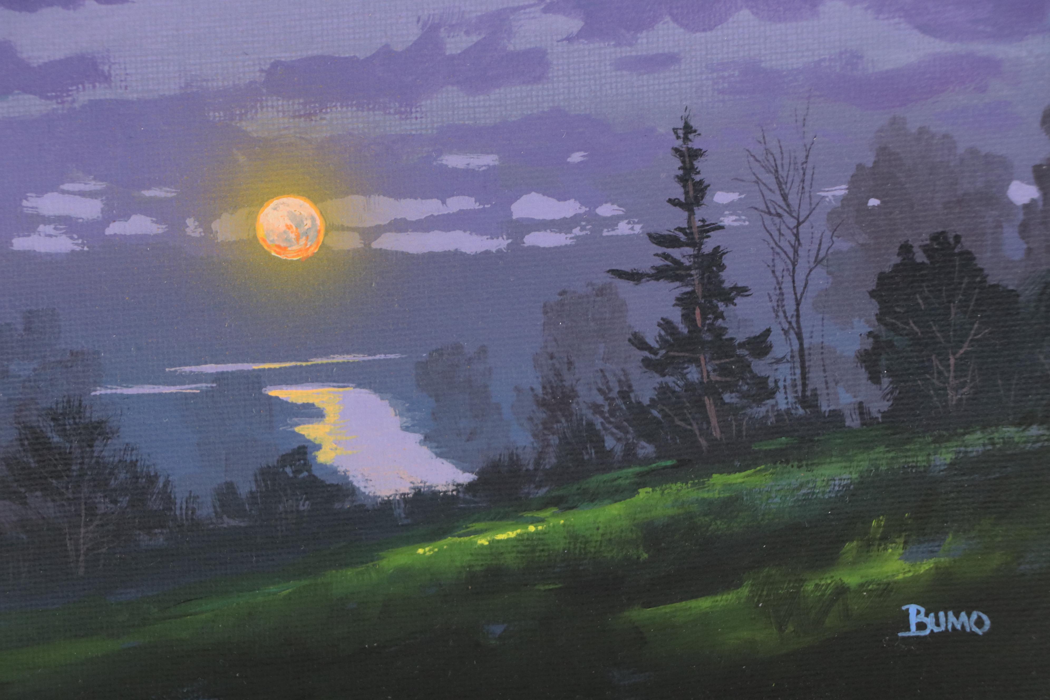 Doug "Bumo" Johnpeer Landscape Oil Painting with Moon Reflections, 2025
