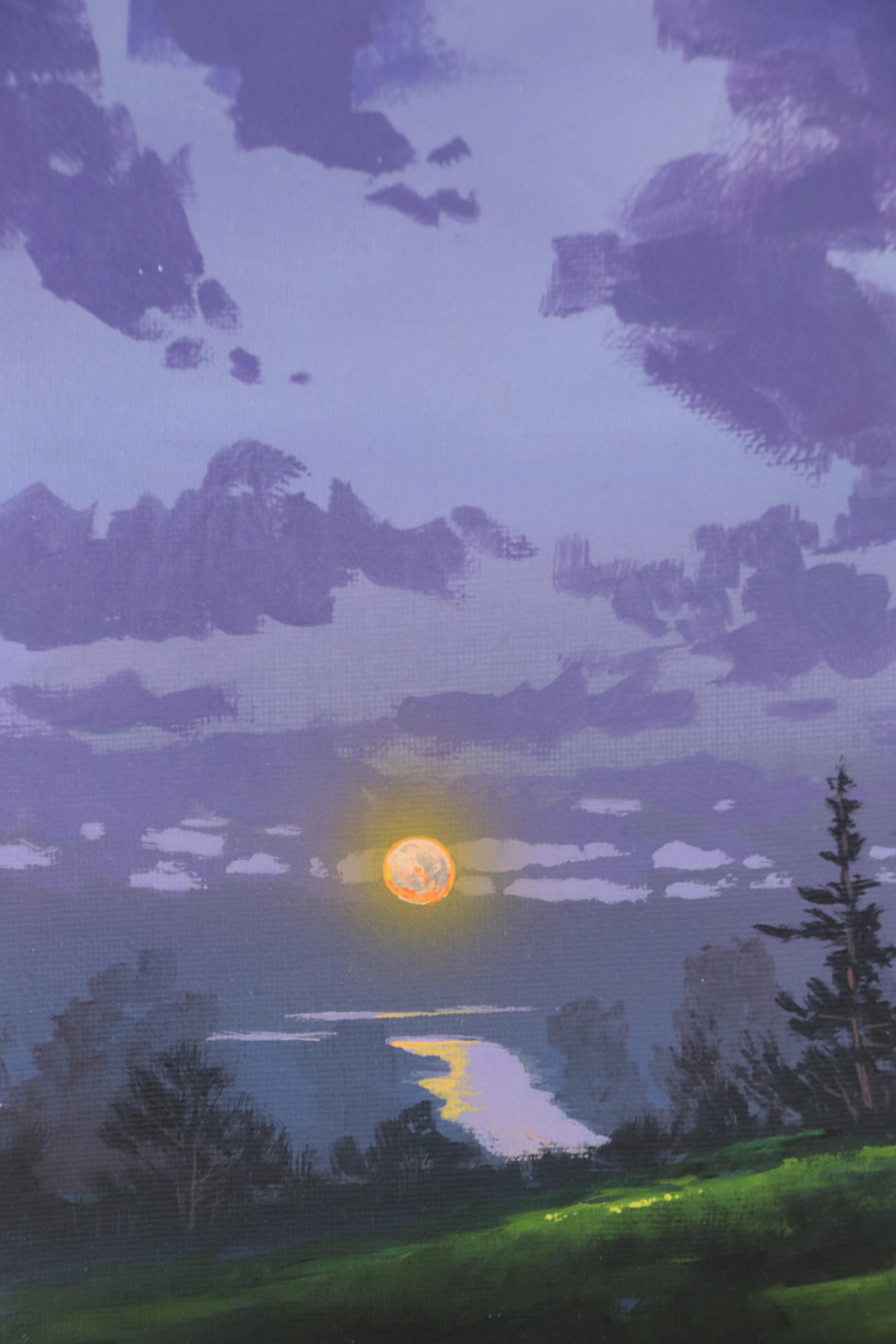 Doug "Bumo" Johnpeer Landscape Oil Painting with Moon Reflections, 2025