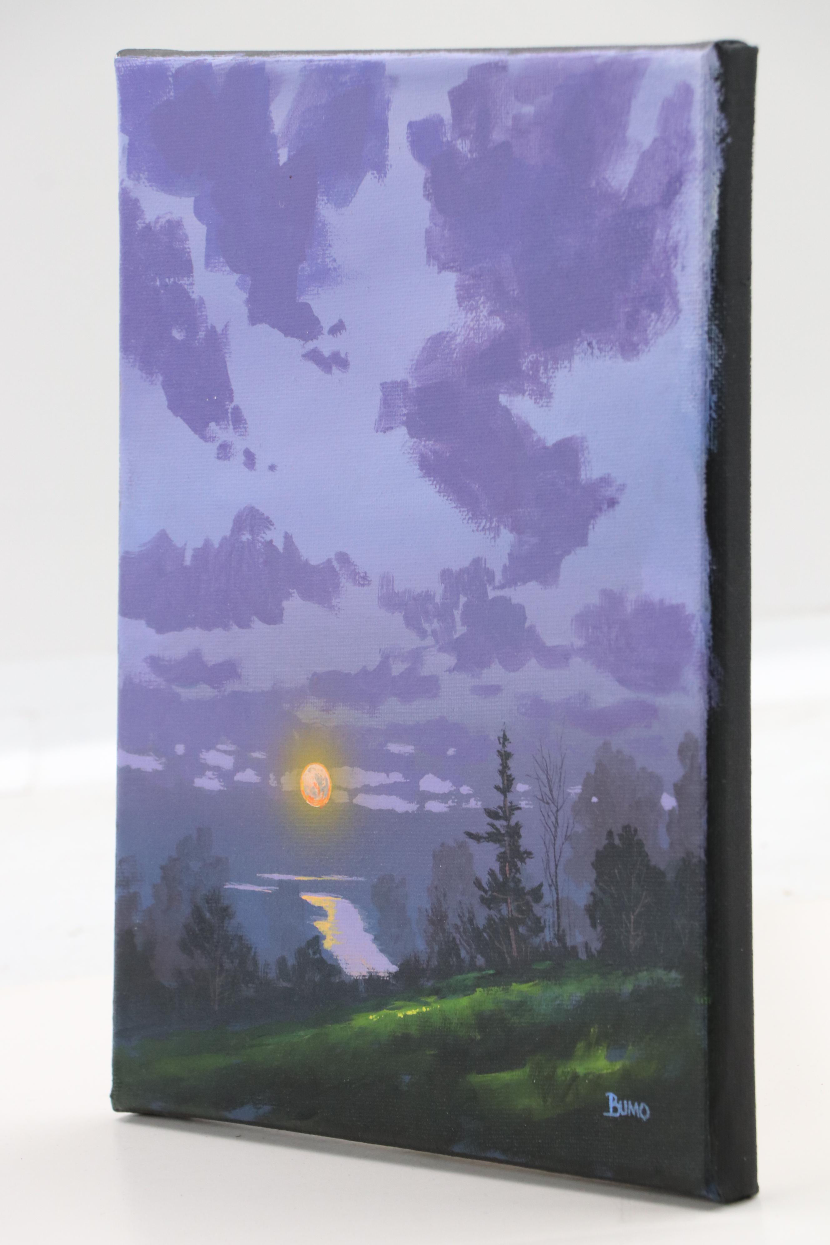 Doug "Bumo" Johnpeer Landscape Oil Painting with Moon Reflections, 2025