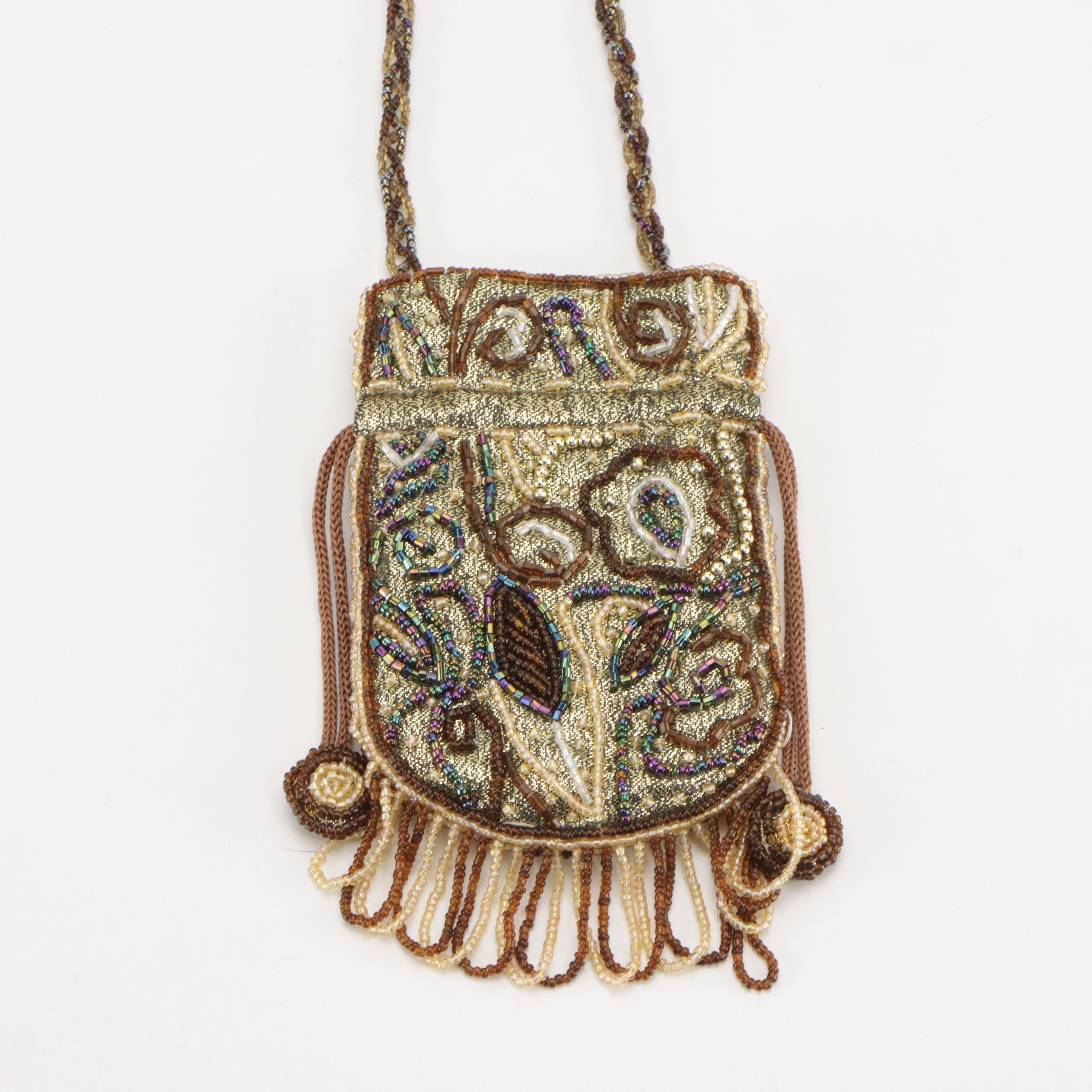 Organizer Flap Wallet in Faux Leather with Gold Lamé Beaded Drawstring Pouch