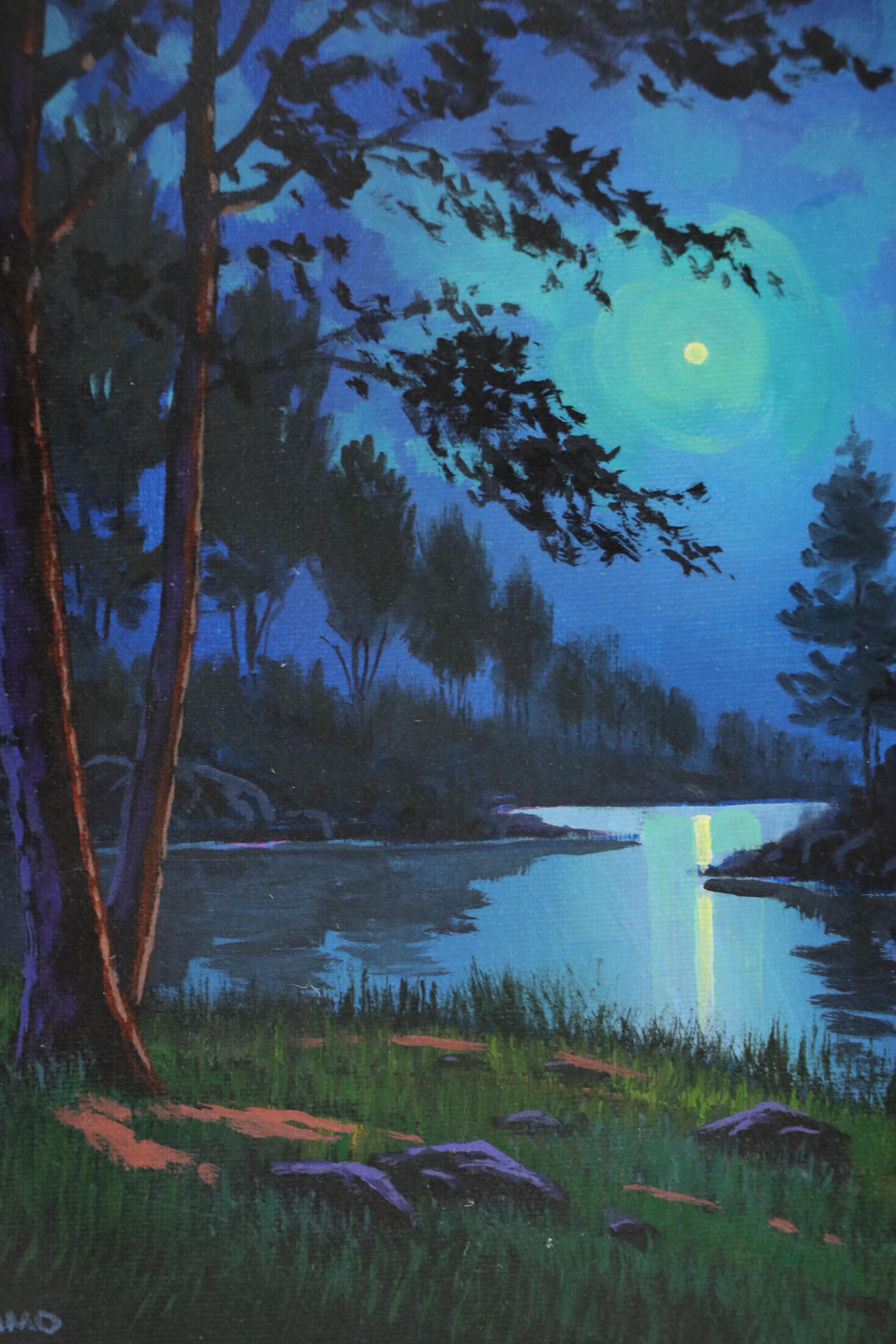 Doug "Bumo" Johnpeer Moonlit Landscape Oil Painting, 2025
