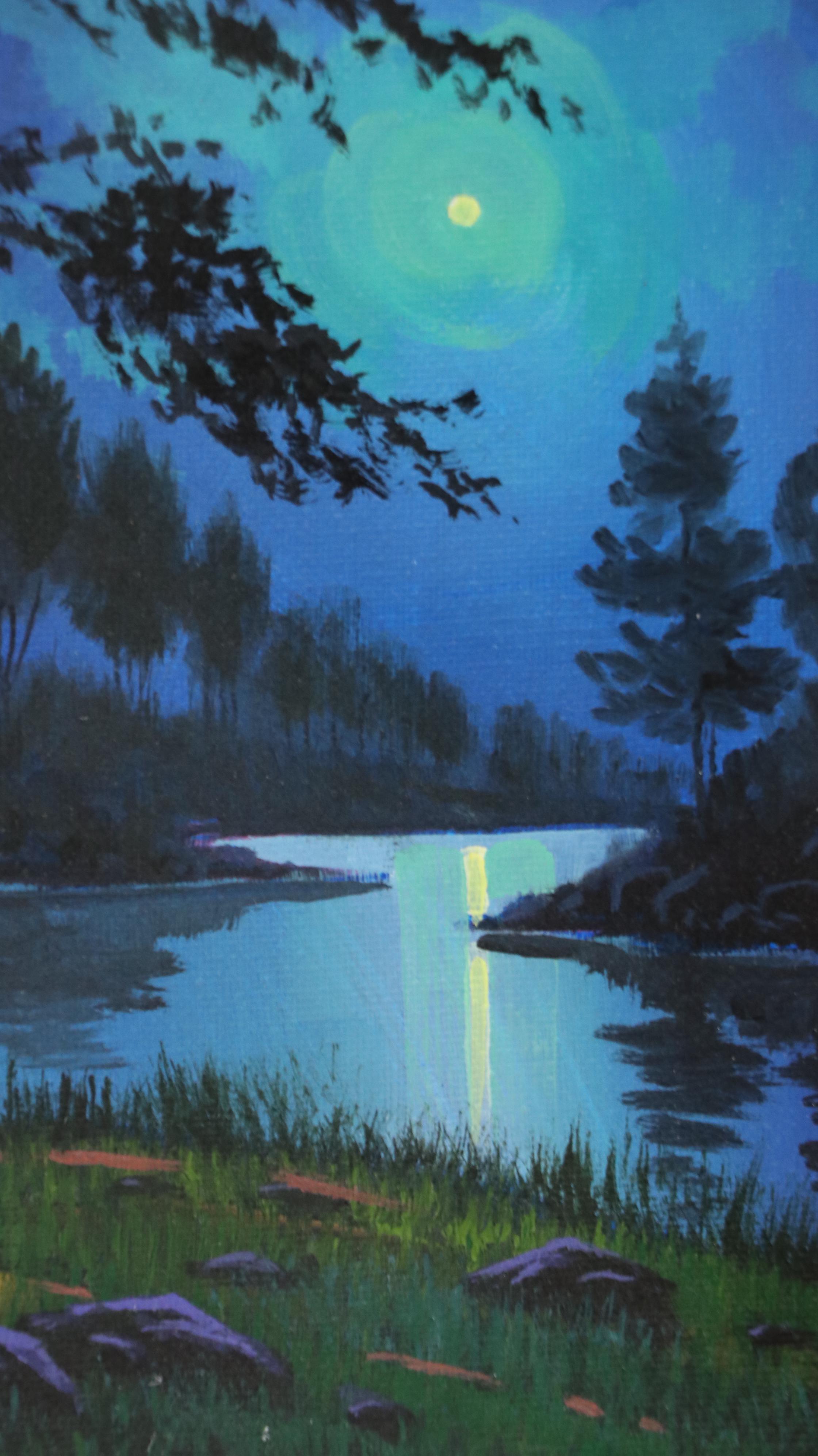 Doug "Bumo" Johnpeer Moonlit Landscape Oil Painting, 2025