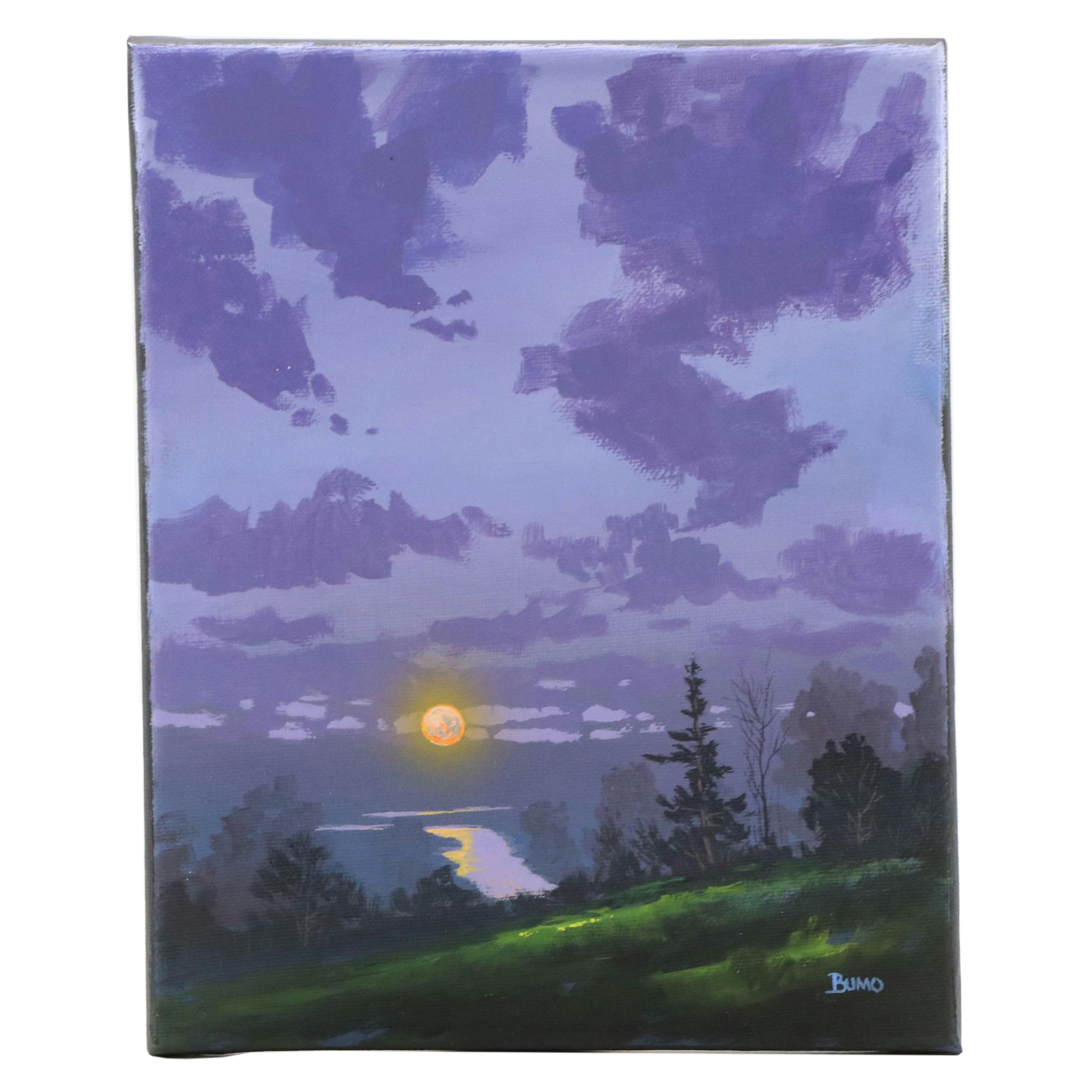 Doug "Bumo" Johnpeer Landscape Oil Painting with Moon Reflections, 2025