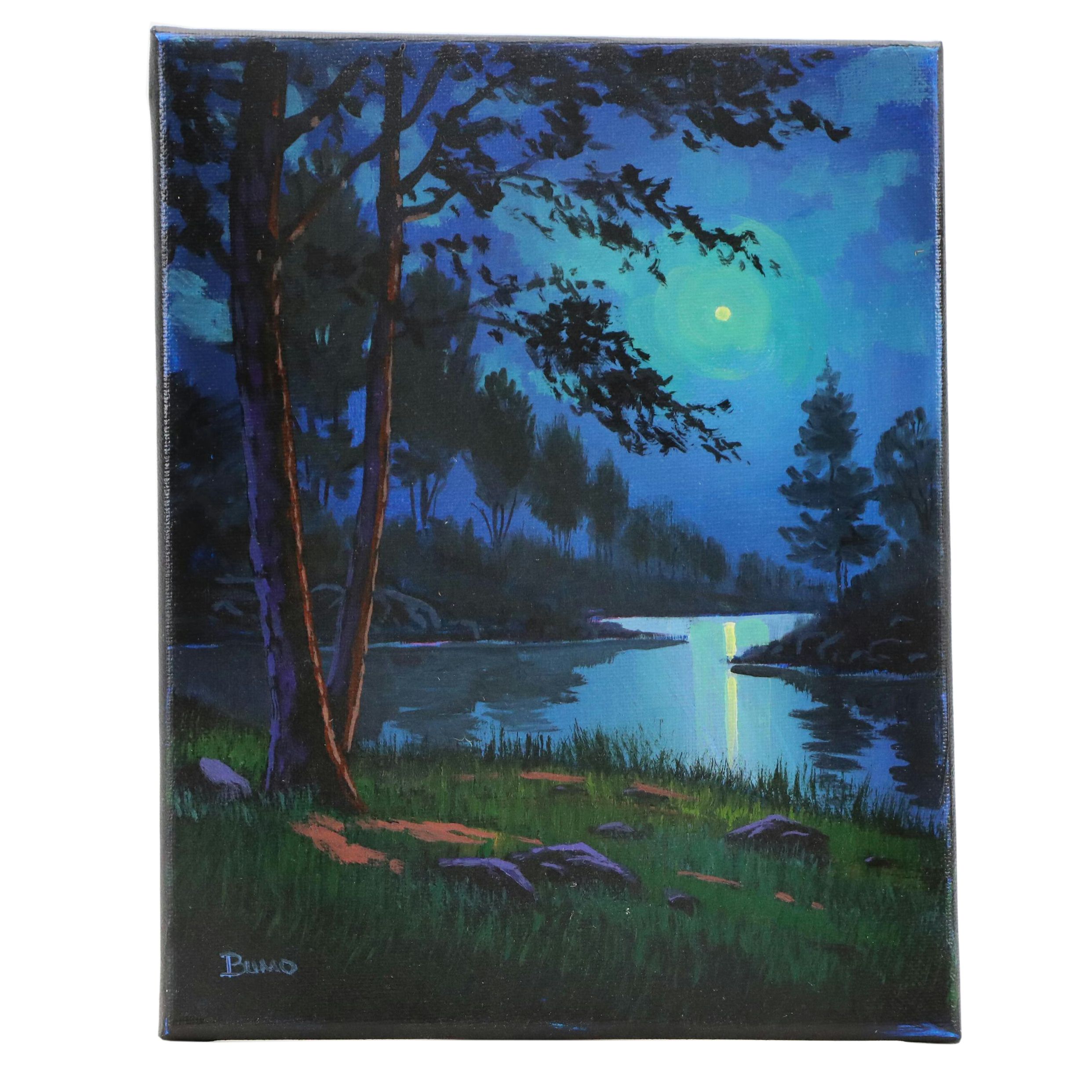 Doug "Bumo" Johnpeer Moonlit Landscape Oil Painting, 2025
