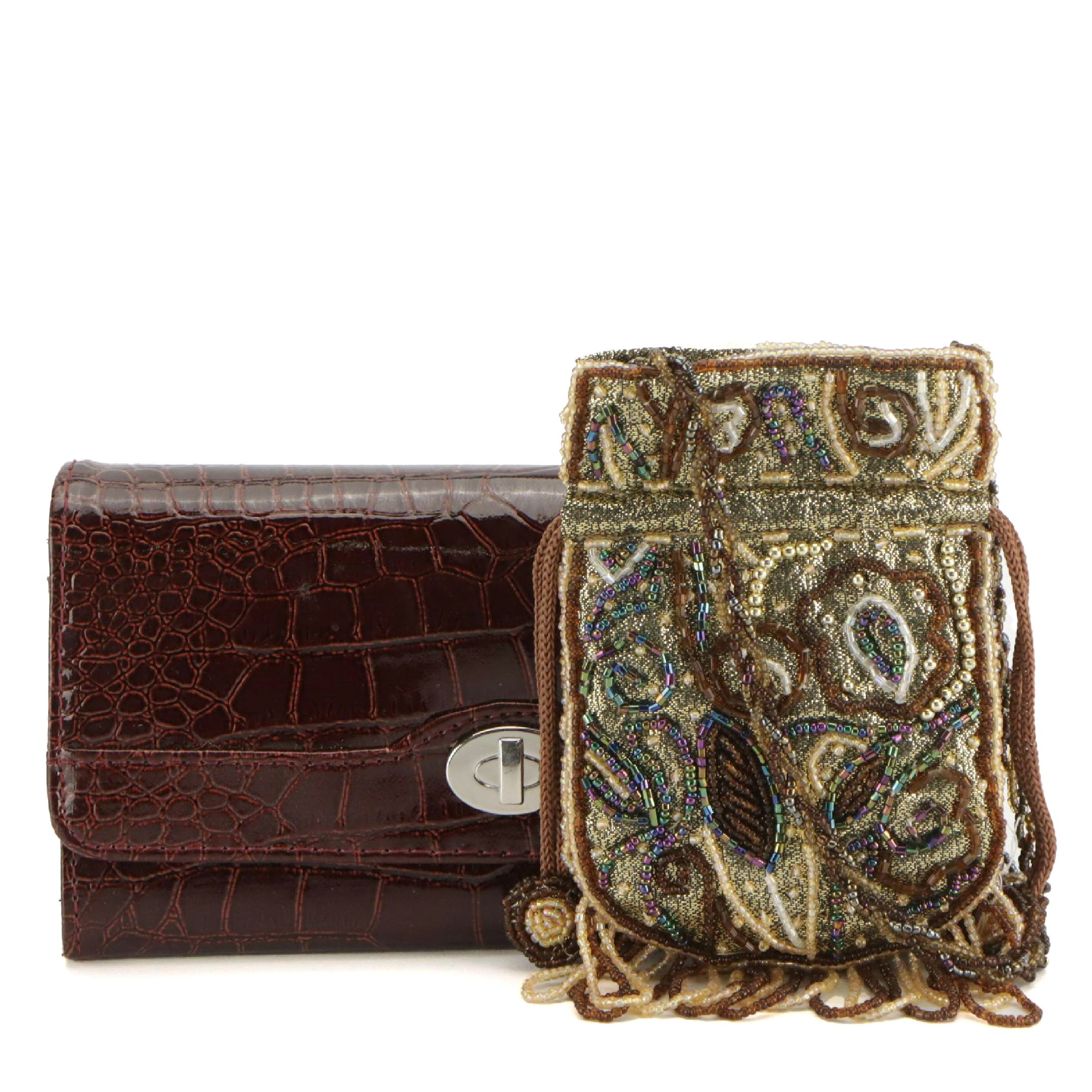 Organizer Flap Wallet in Faux Leather with Gold Lamé Beaded Drawstring Pouch