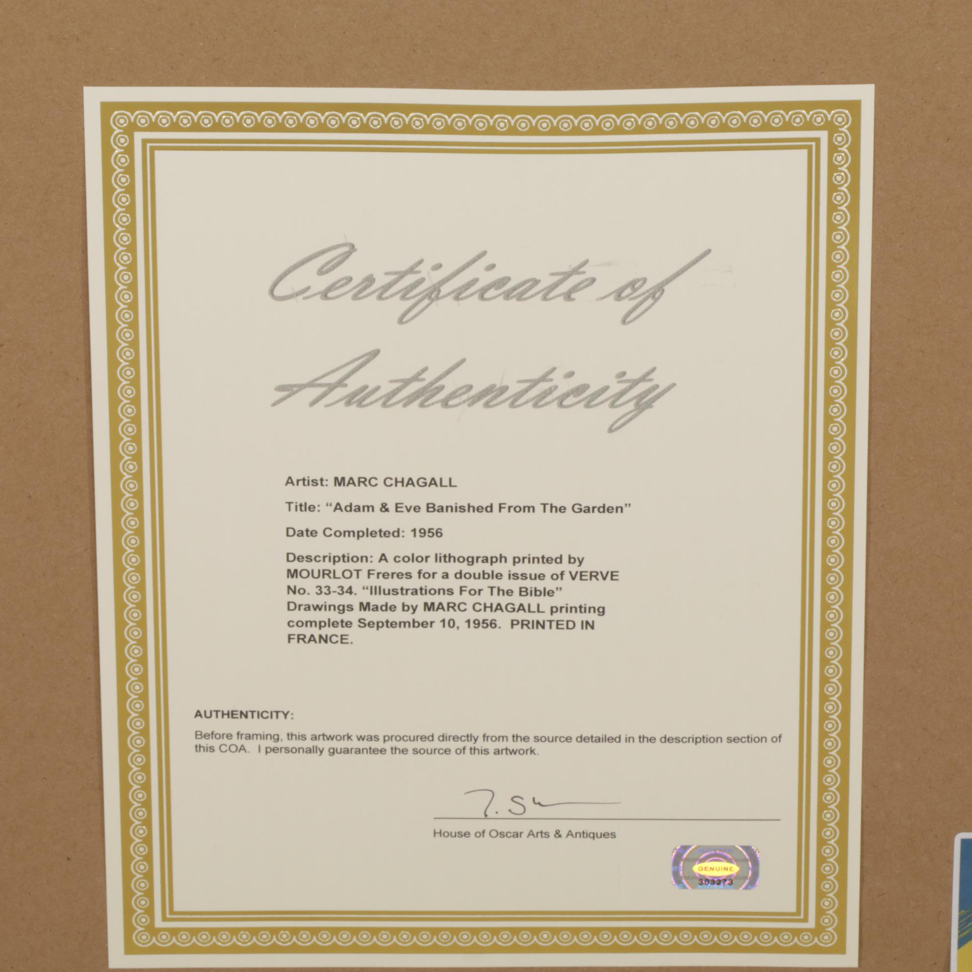 Marc Chagall Lithograph "Adam and Eve are Banished From Paradise" For "Verve"