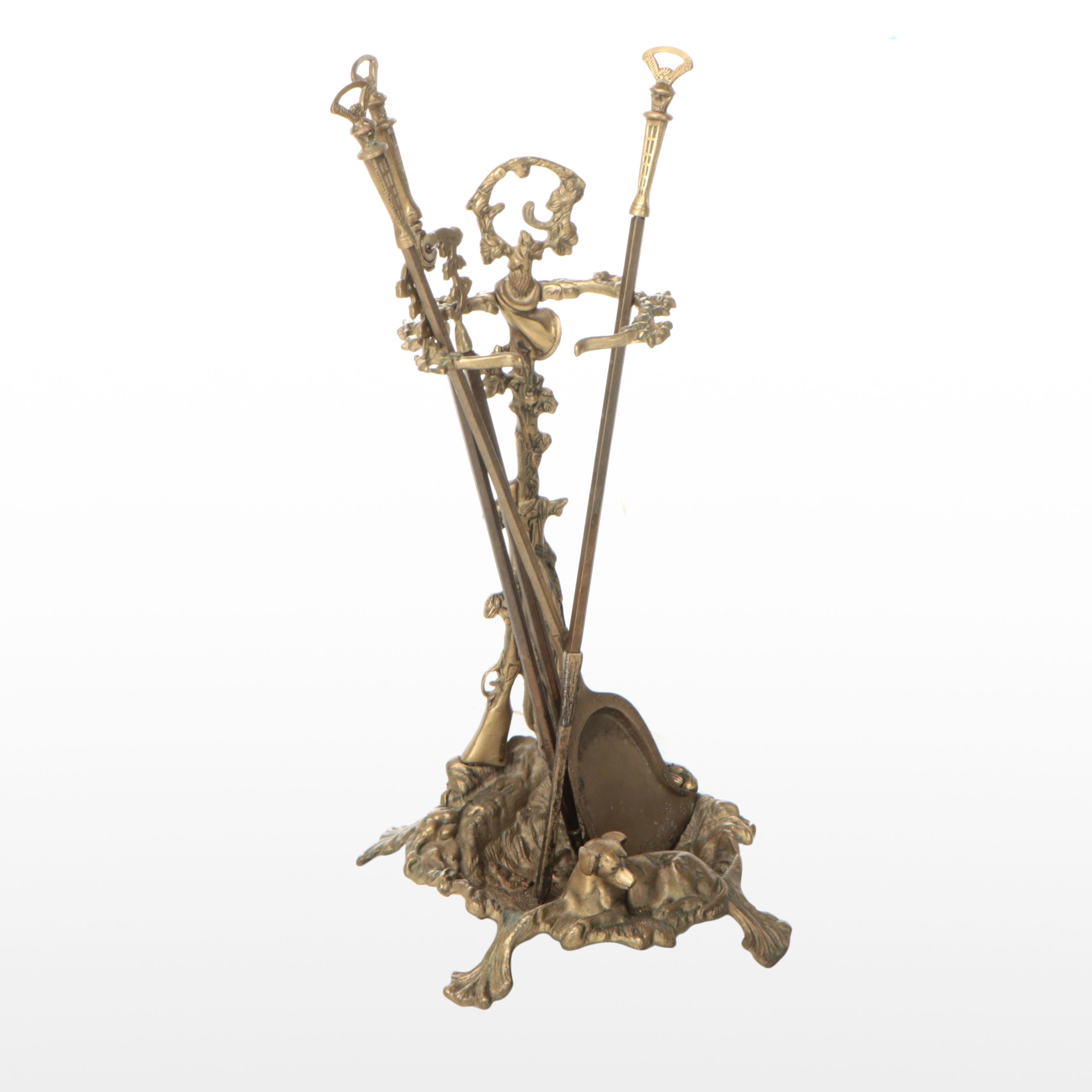 Art Nouveau Brass Finished Fireplace Tool Set