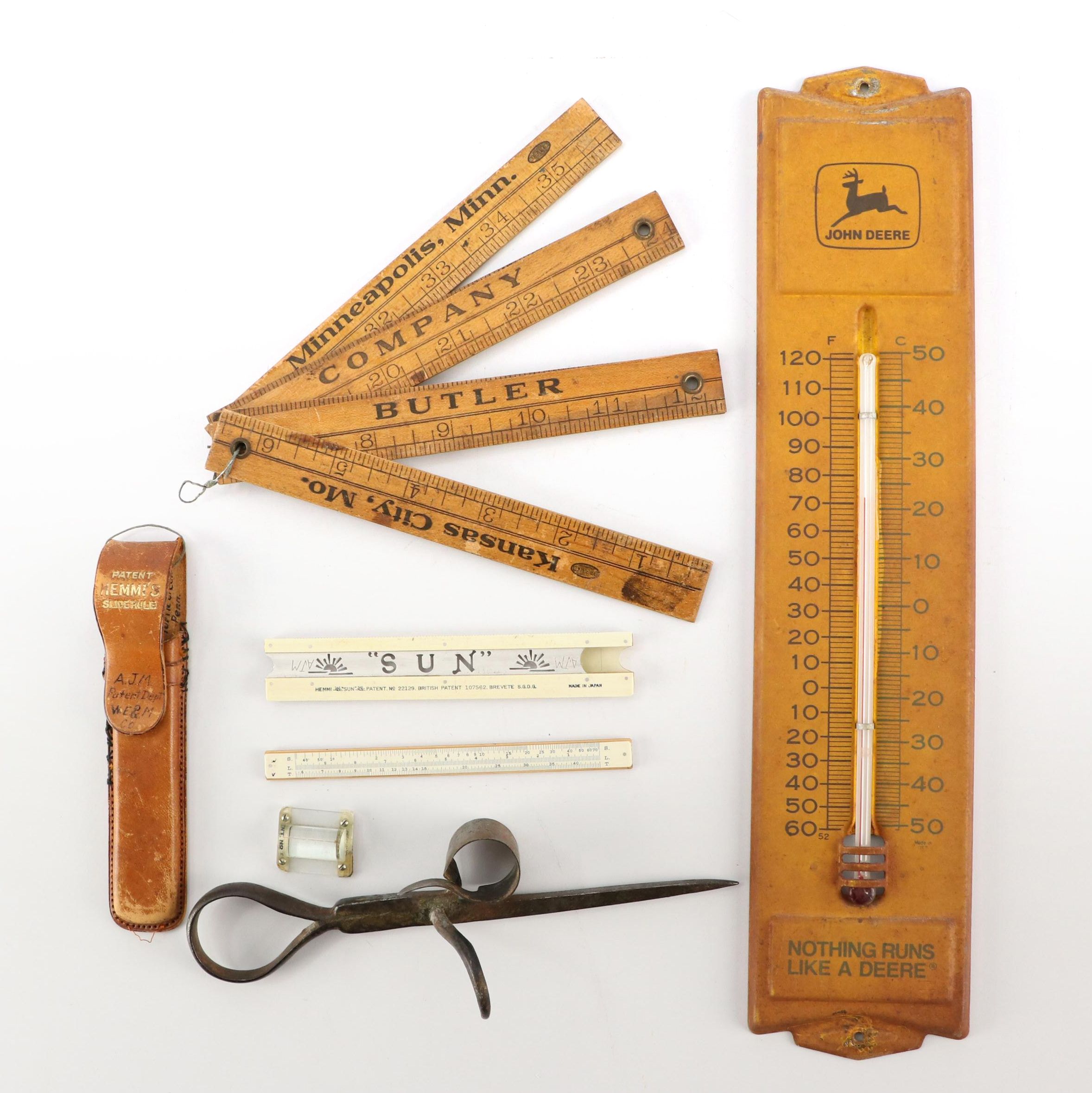 Miner's Sticking Tommy, John Deere Wall Thermometer, Rulers