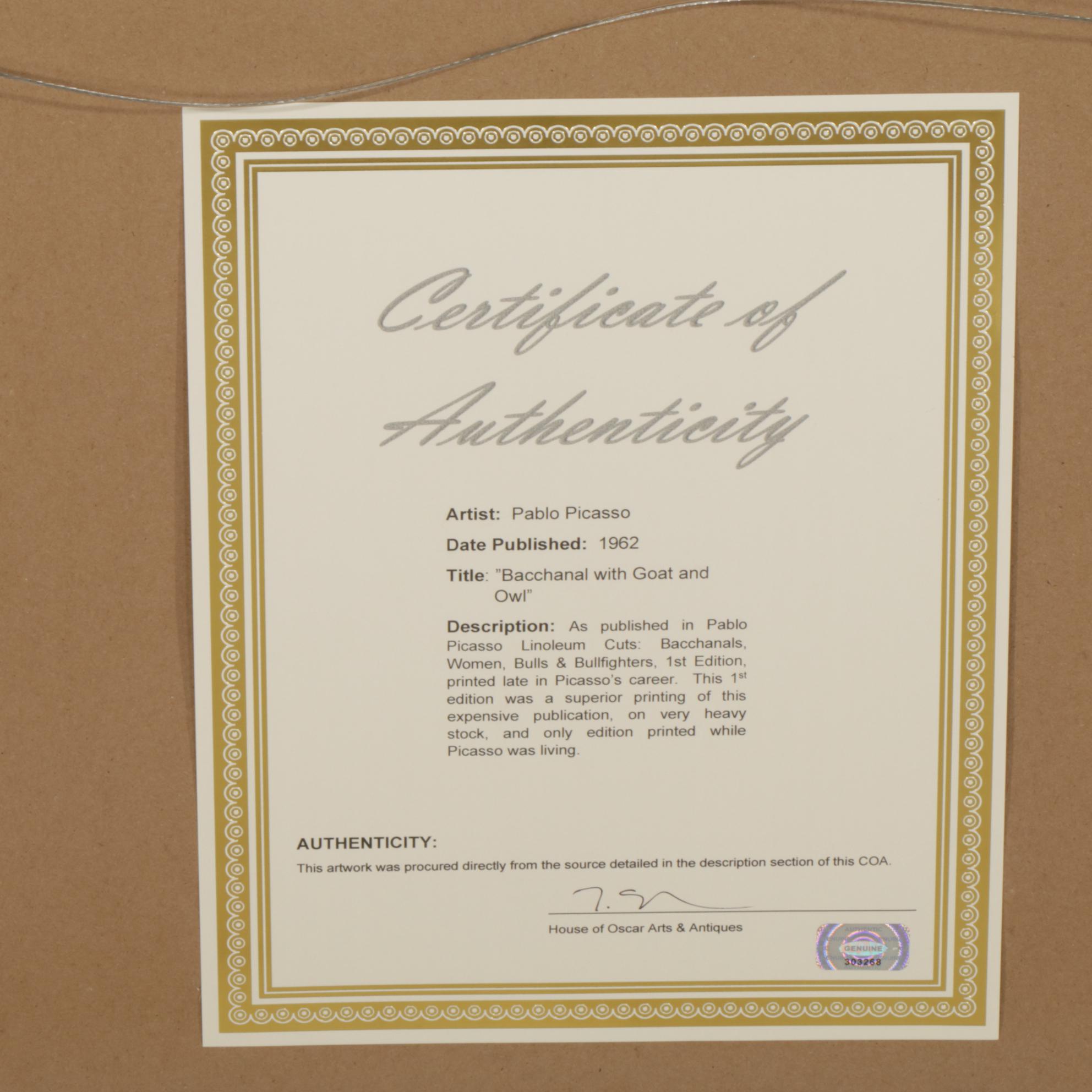 Pablo Picasso Linoleum Cut "Bacchanal with Goat and Owl," 1962