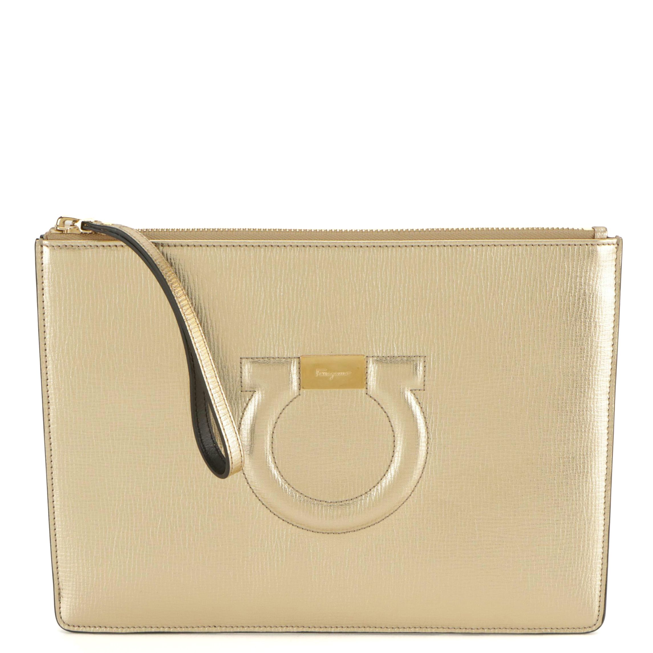 Salvatore Ferragamo Metallic Leather Gancini Zip Clutch Wristlet
