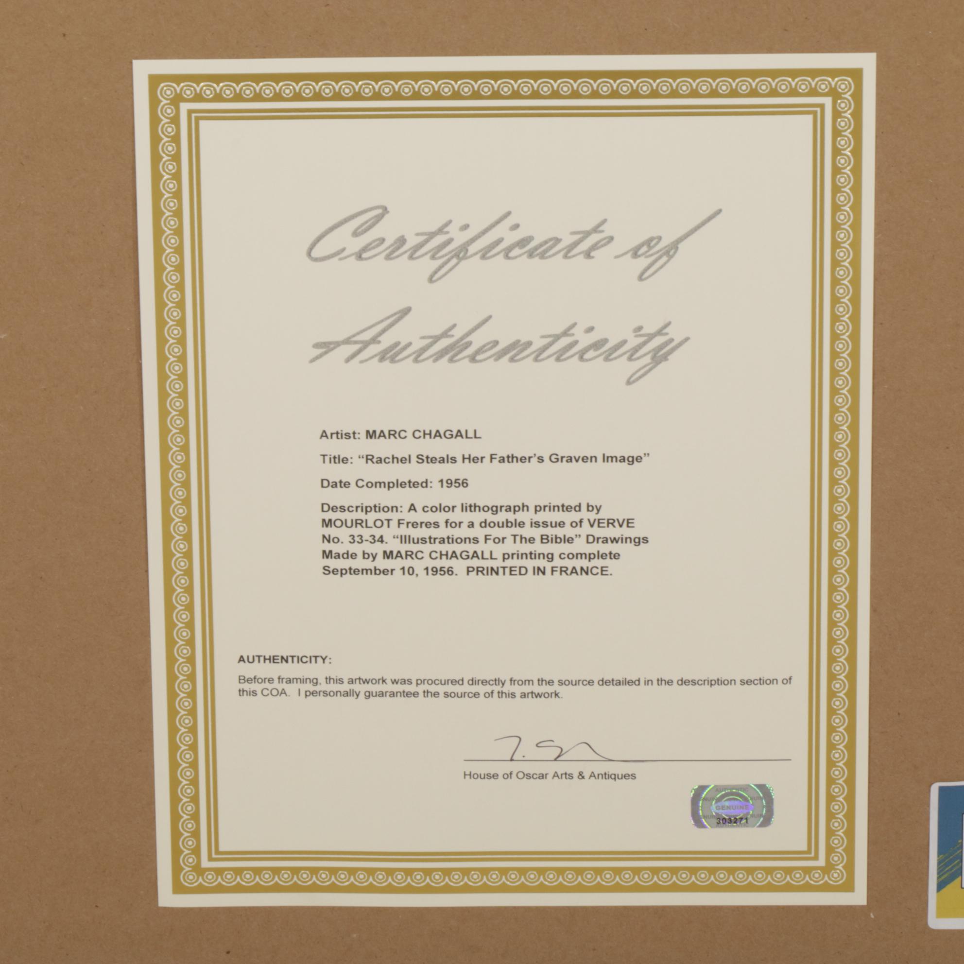 Marc Chagall Color Lithograph "Rachel Dérobe les Idoles de Son Père," 1960