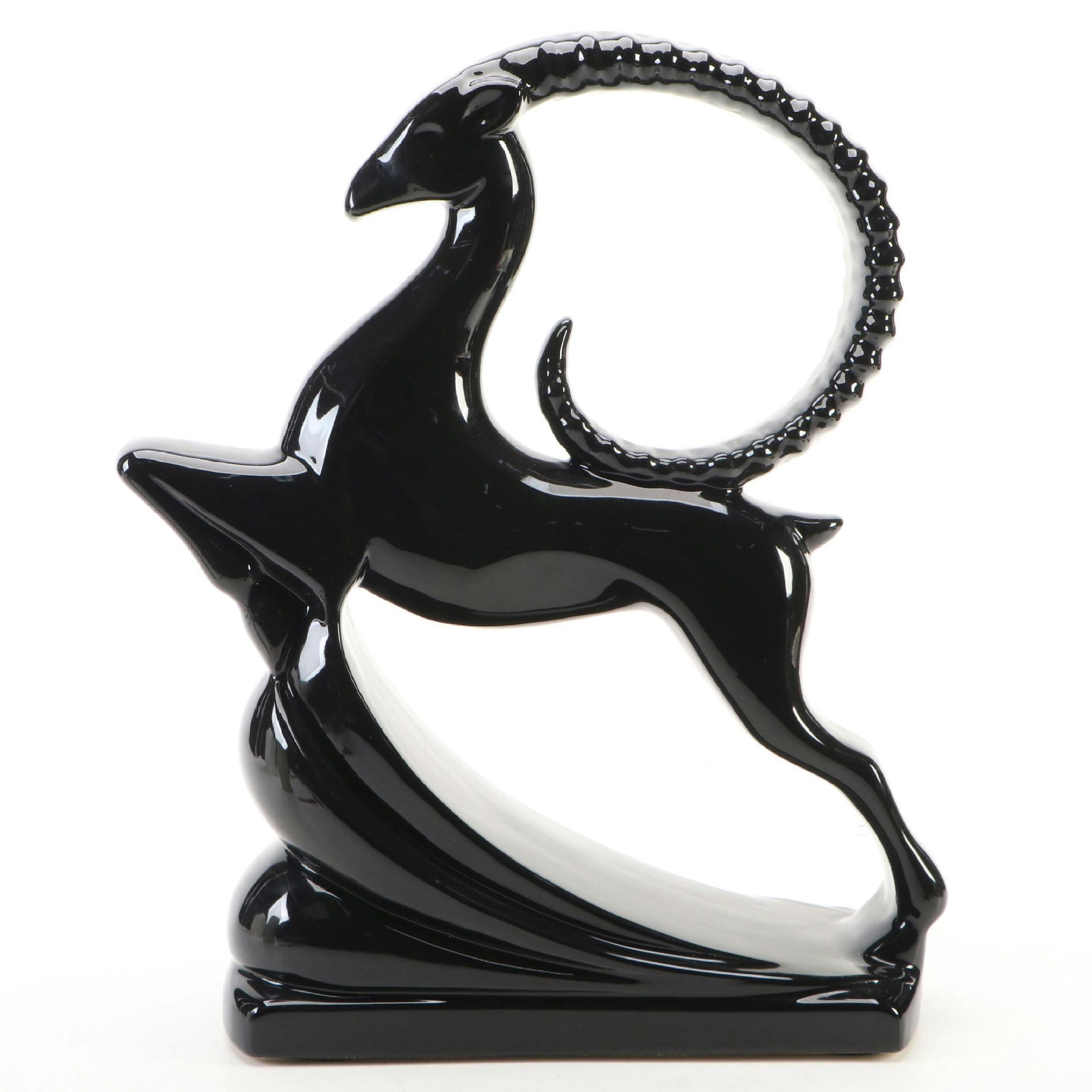 Haeger Pottery Art Deco Style Black Ceramic Leaping Gazelle, 1993