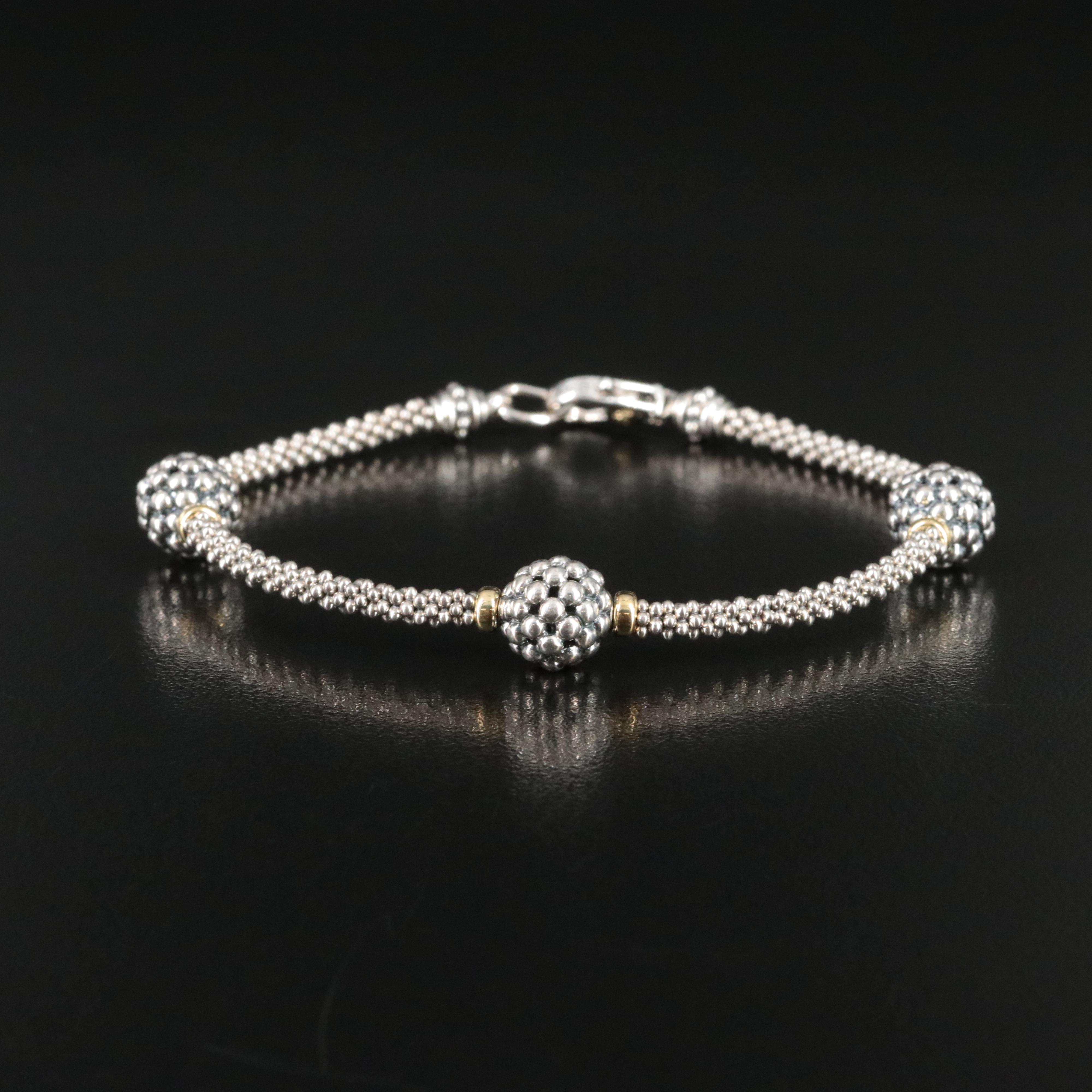 Lagos Signature Caviar Sterling Three Station Bead Bracelet with 18K Accents