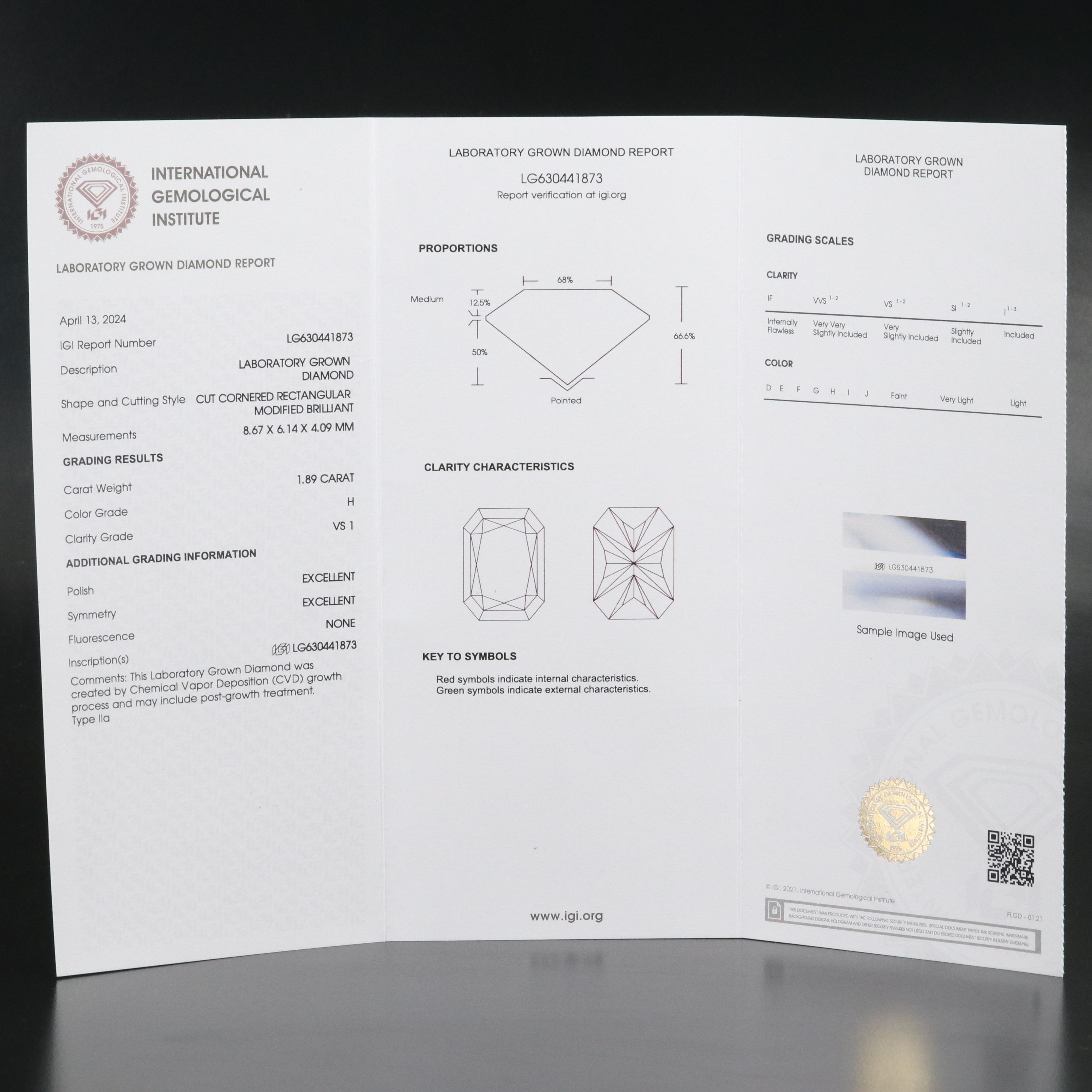 Loose 1.89 CT Lab Grown Diamond with IGI Report