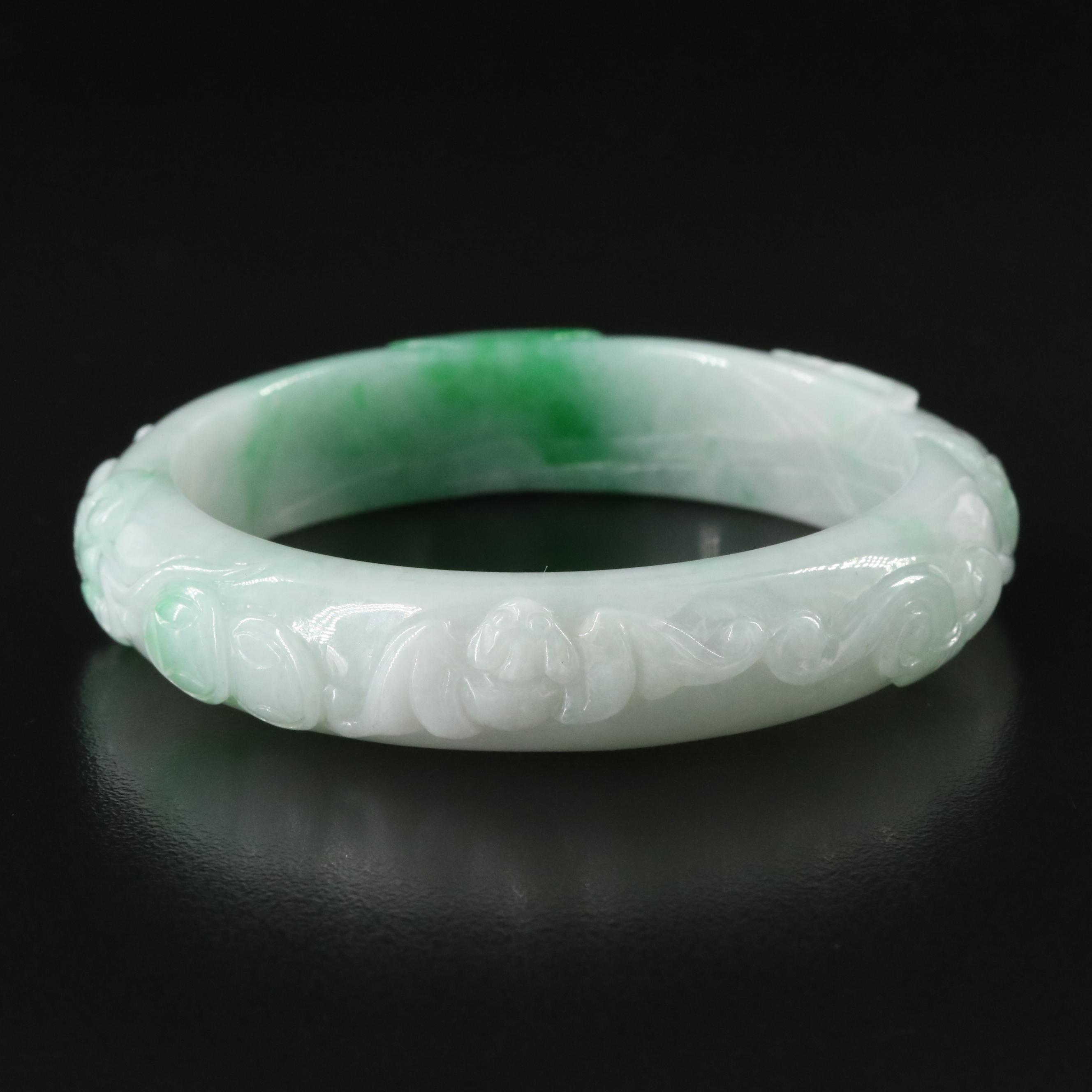 Carved Jadeite Hololith Bangle with Stand