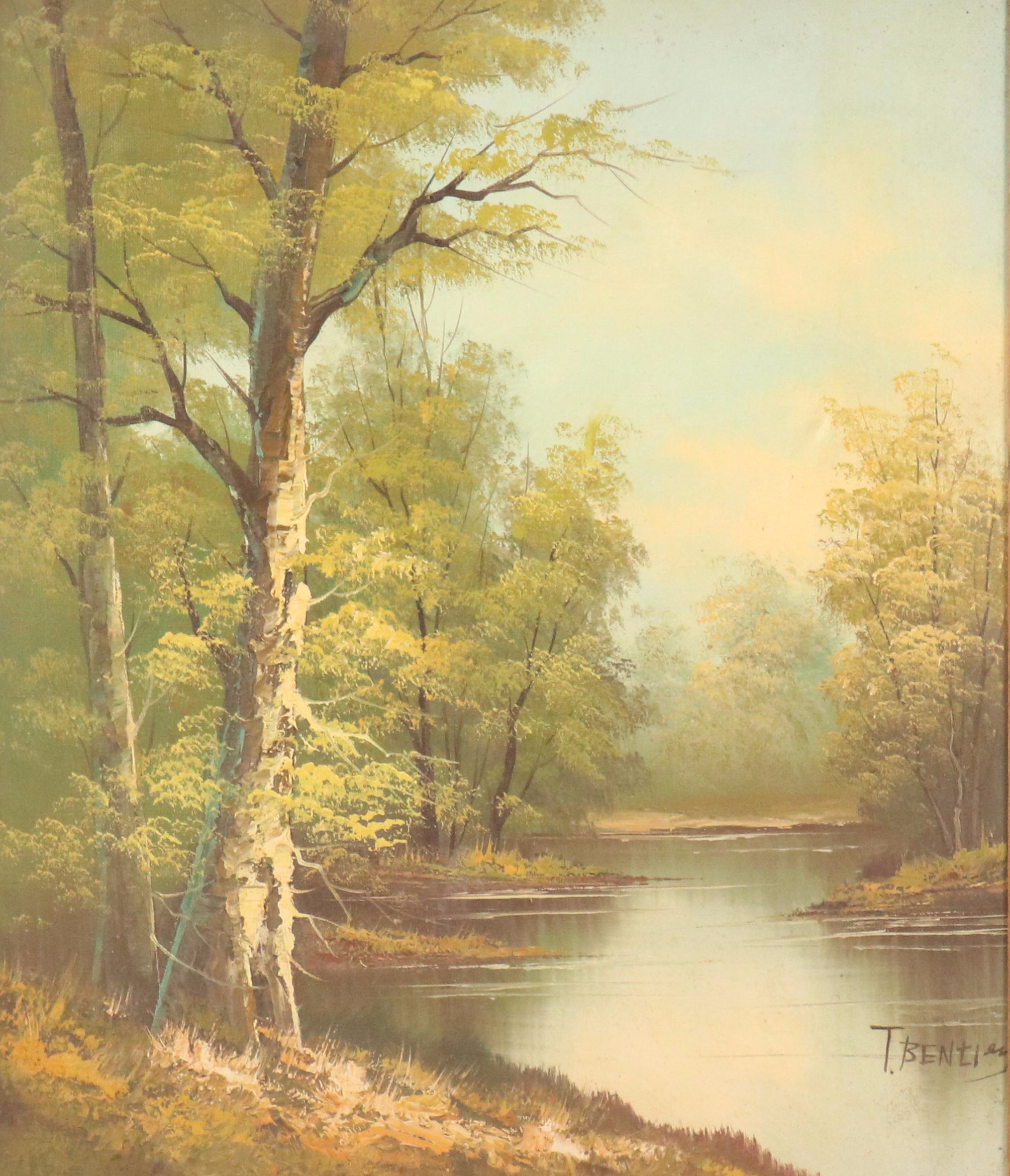 T. Bentley Landscape Oil Painting with Riverside Forest, Mid-Late 20th Century