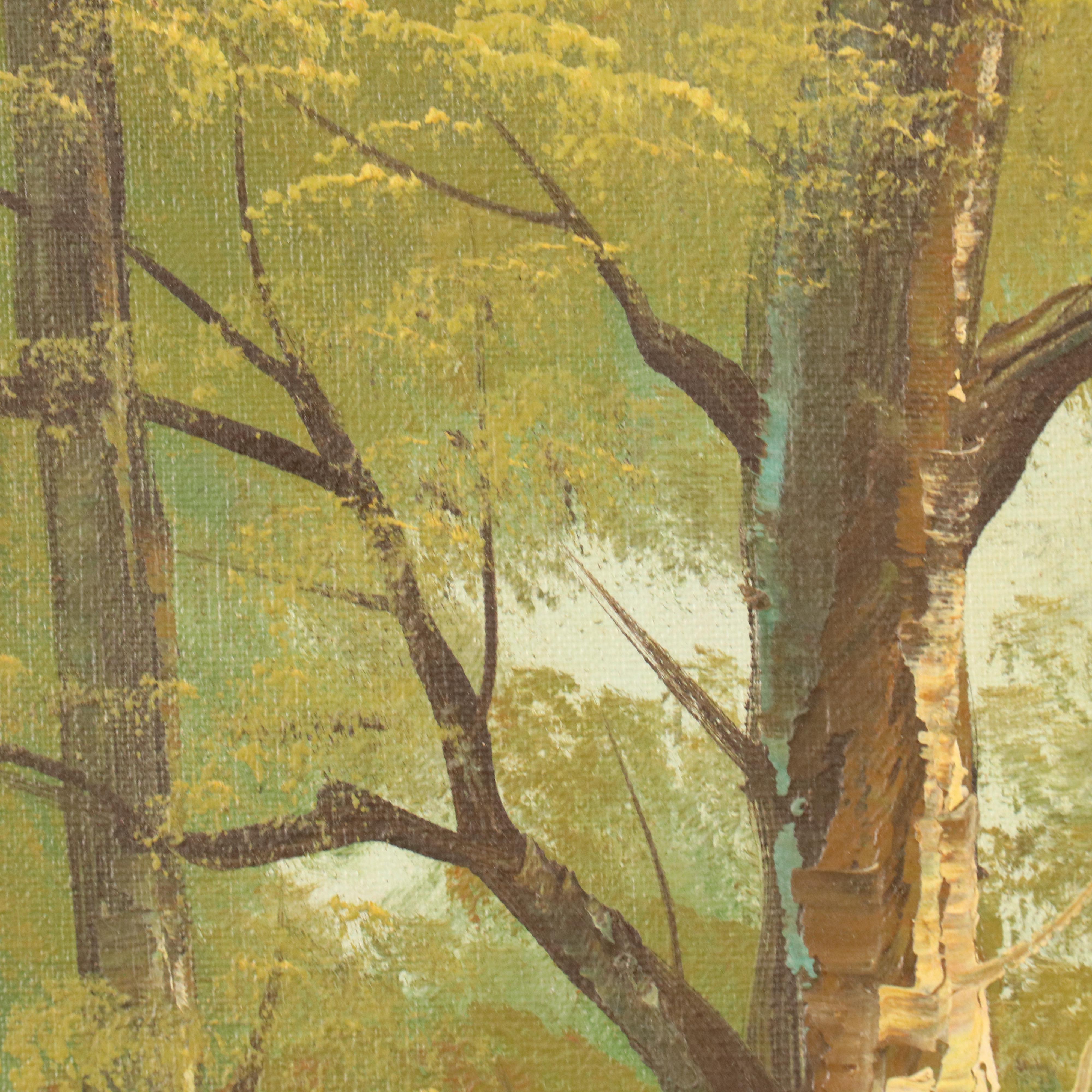 T. Bentley Landscape Oil Painting with Riverside Forest, Mid-Late 20th Century