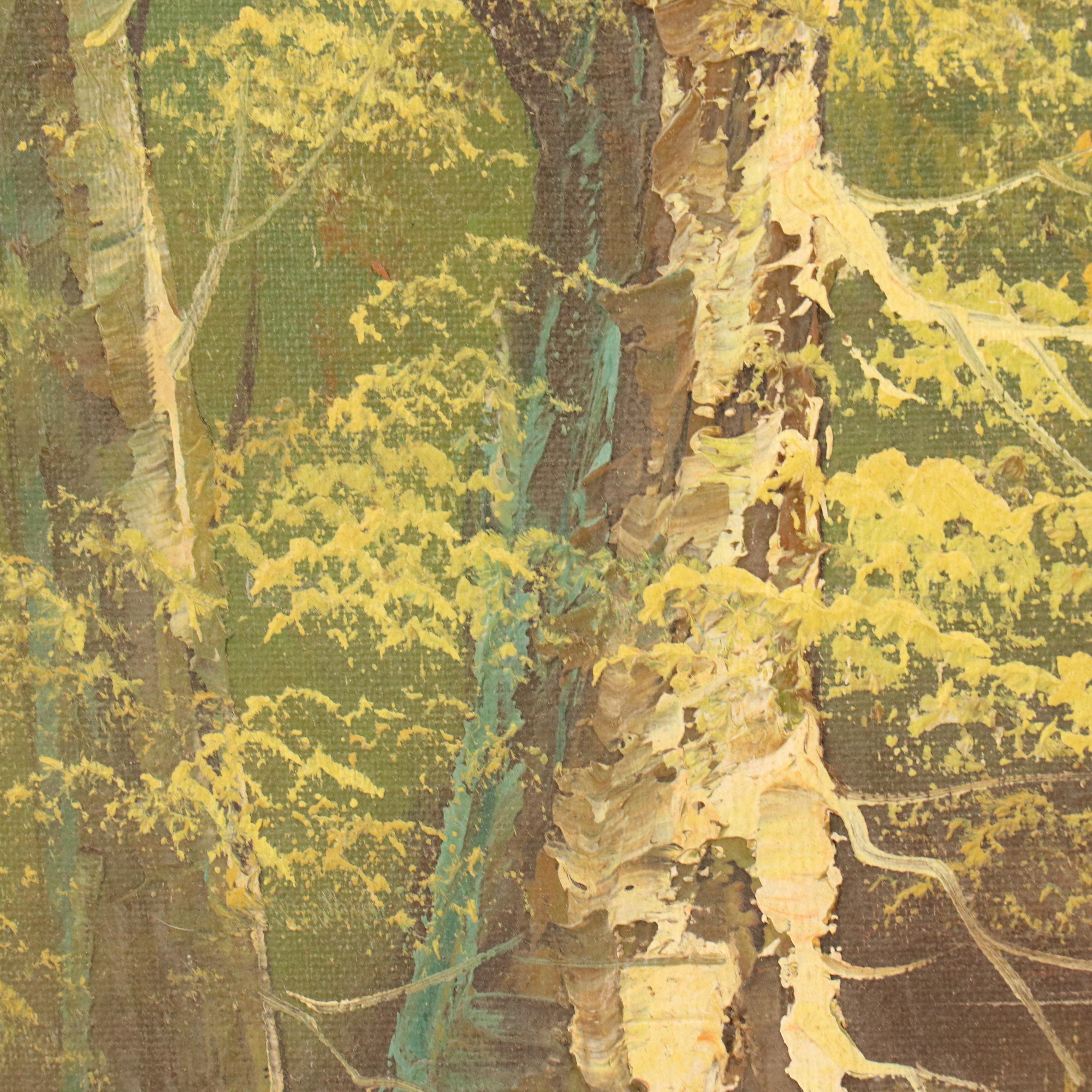 T. Bentley Landscape Oil Painting with Riverside Forest, Mid-Late 20th Century