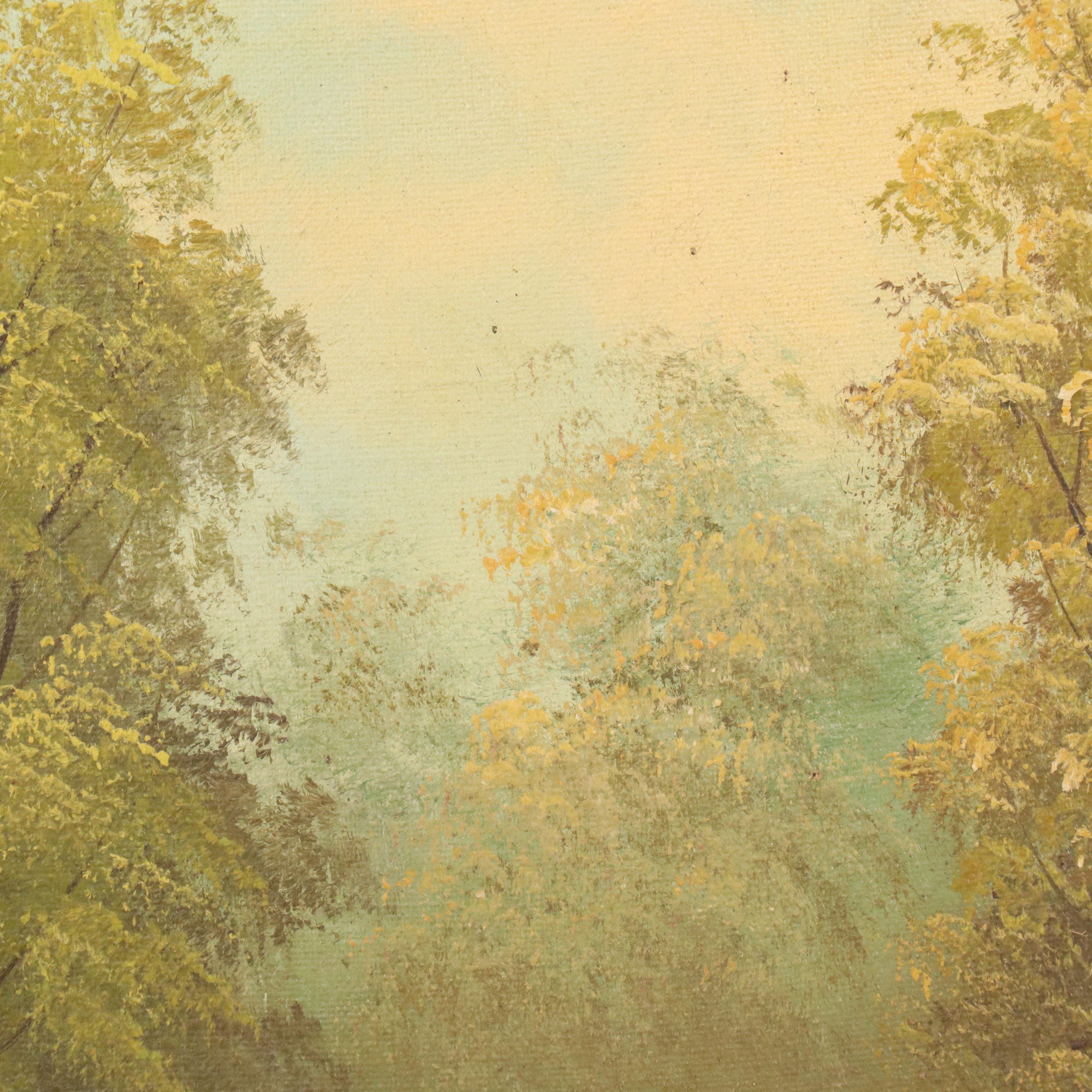 T. Bentley Landscape Oil Painting with Riverside Forest, Mid-Late 20th Century