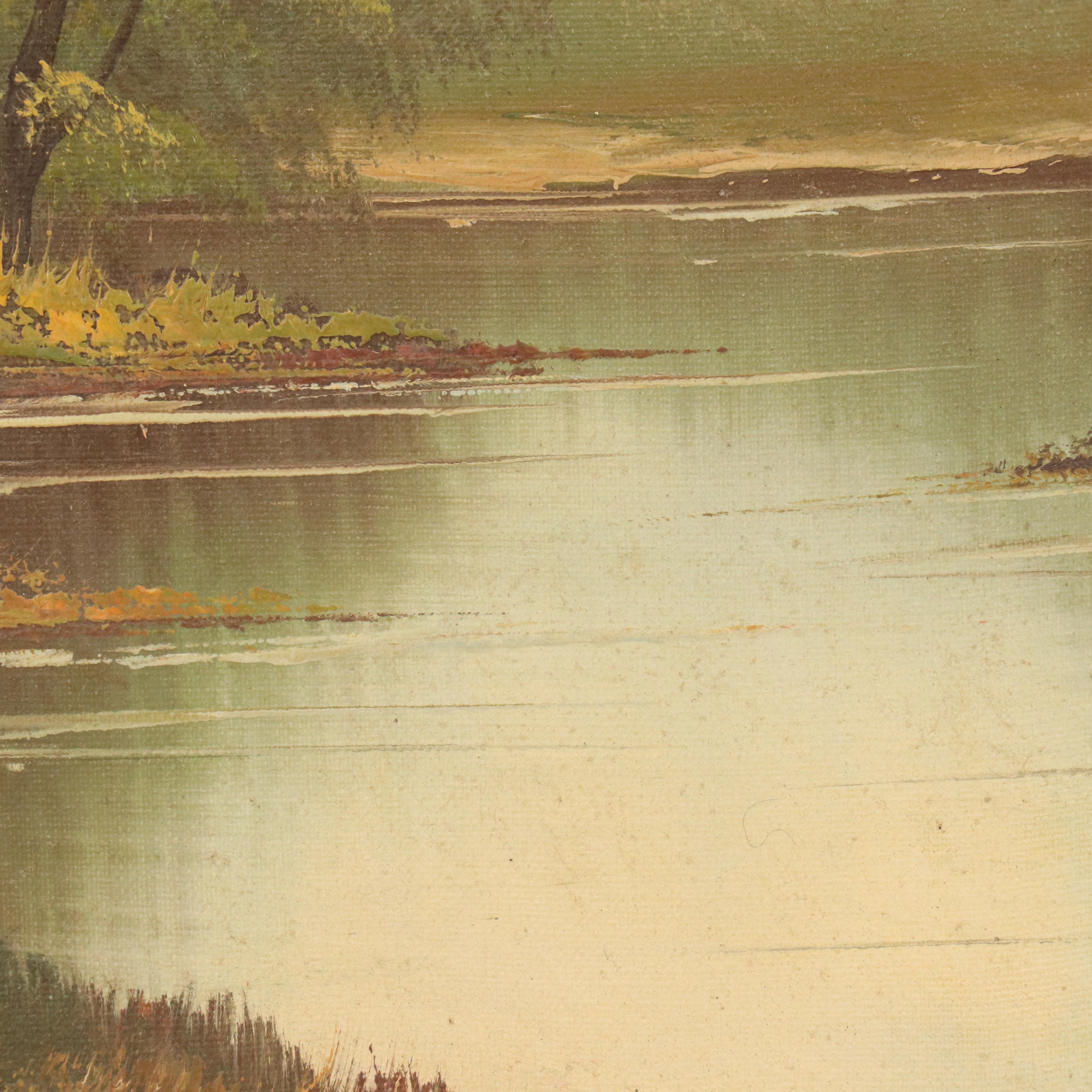 T. Bentley Landscape Oil Painting with Riverside Forest, Mid-Late 20th Century