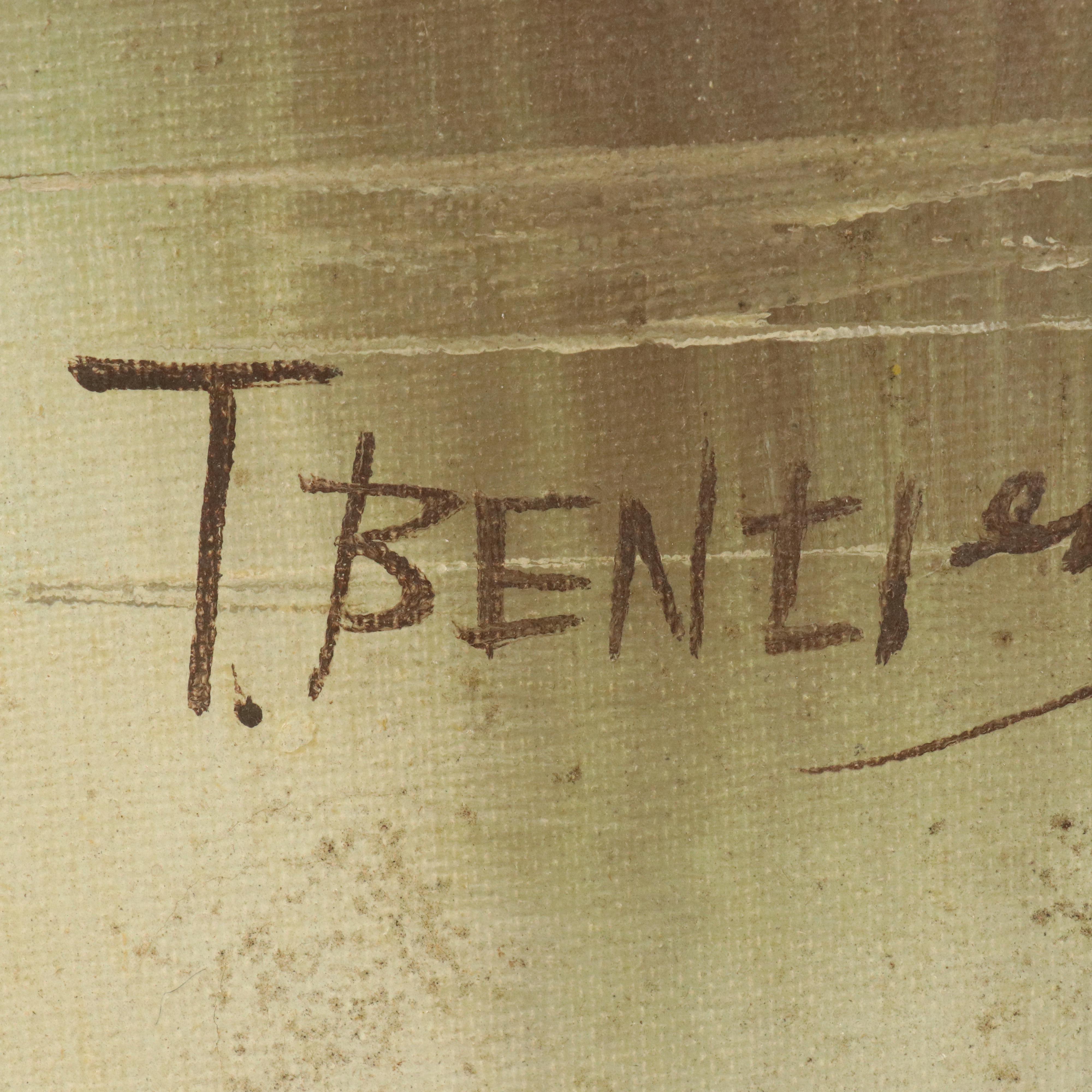 T. Bentley Landscape Oil Painting with Riverside Forest, Mid-Late 20th Century