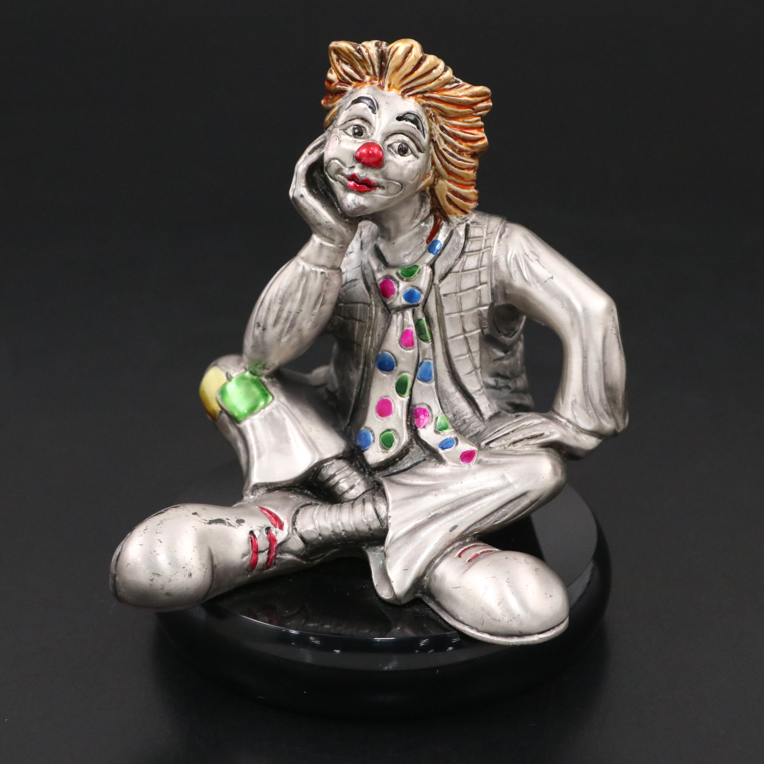 MIDA Italian Sterling Silver and Painted Contemplating Clown Figurine