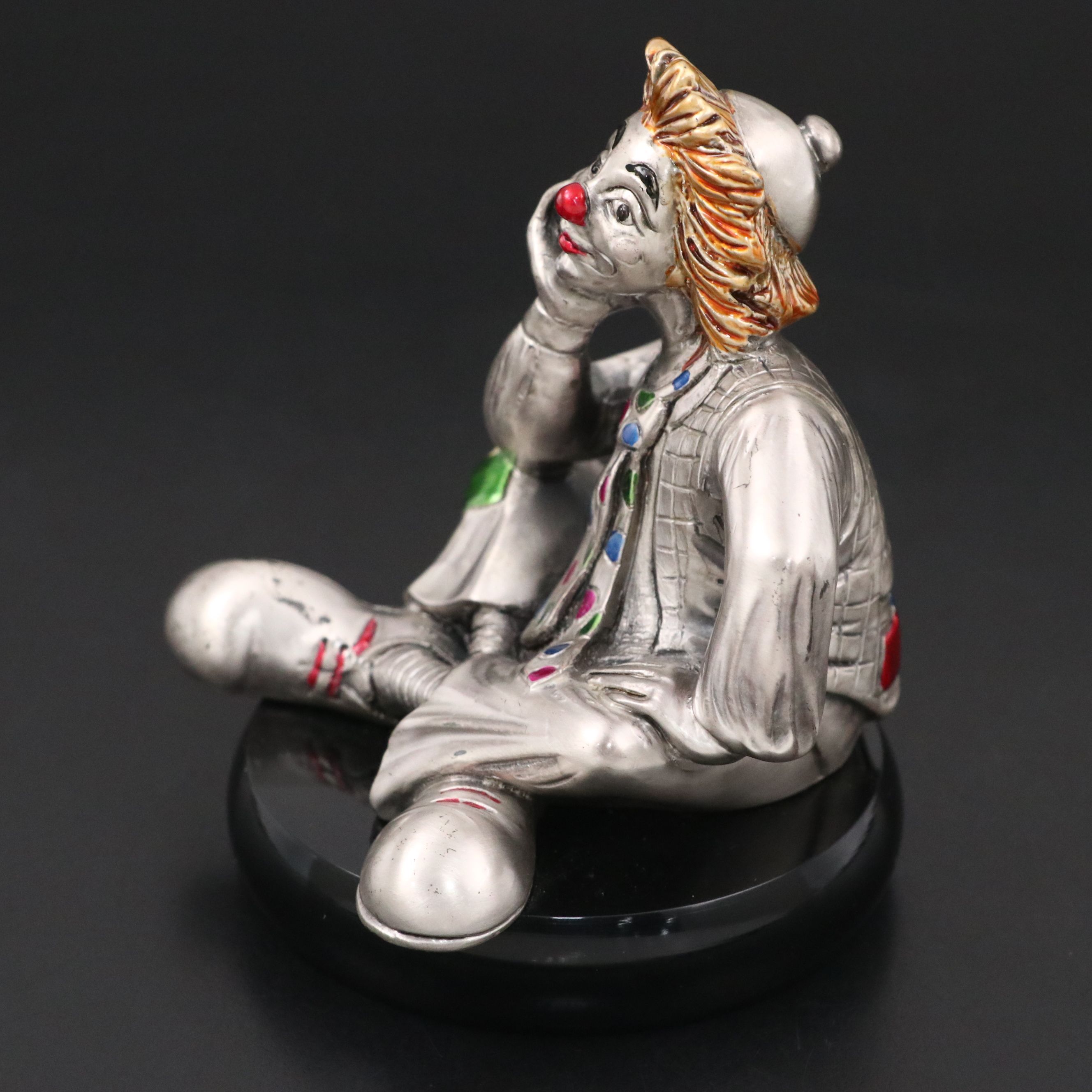 MIDA Italian Sterling Silver and Painted Contemplating Clown Figurine