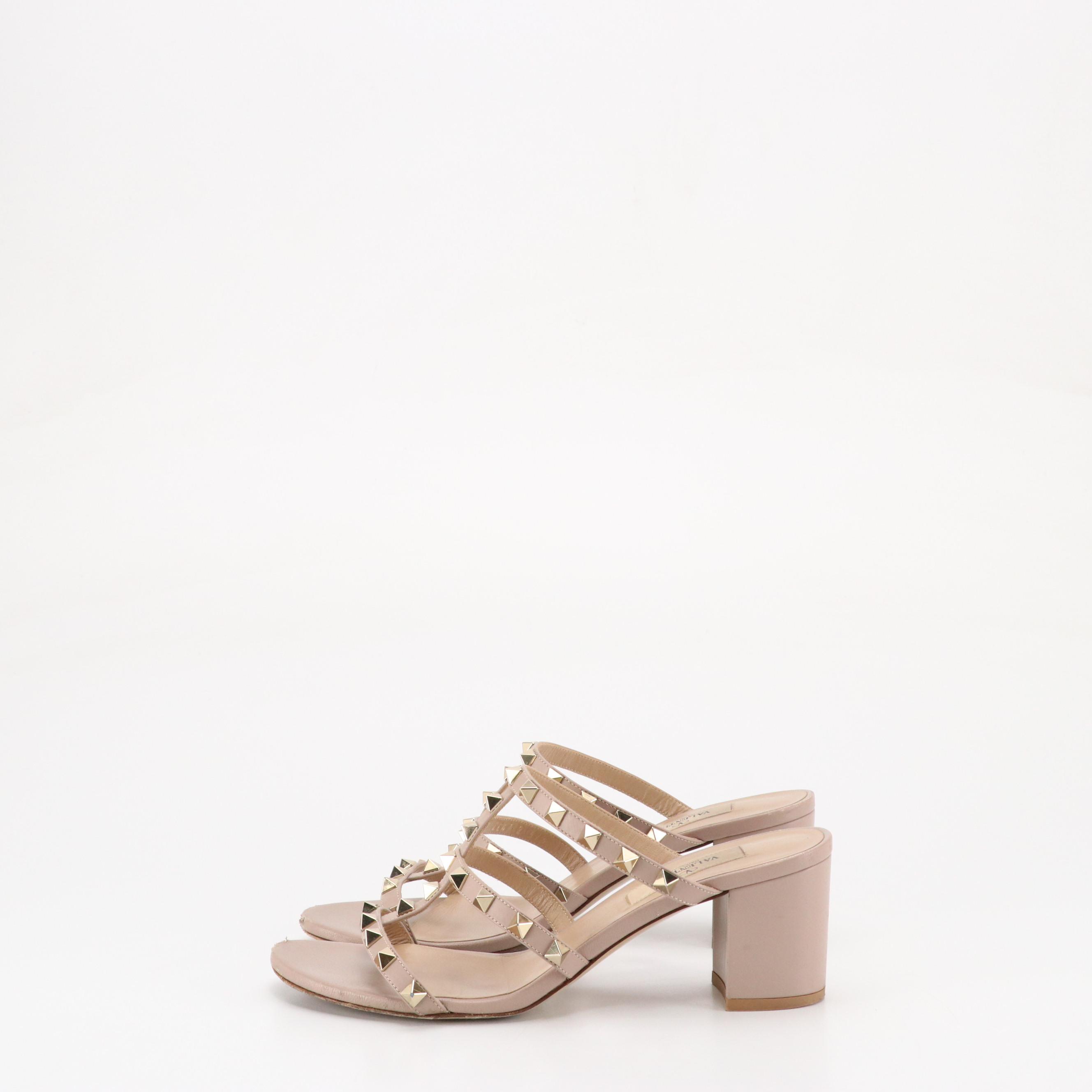 Valentino Garavani Rockstud Block-Heel Sandals in Beige Calfskin Leather