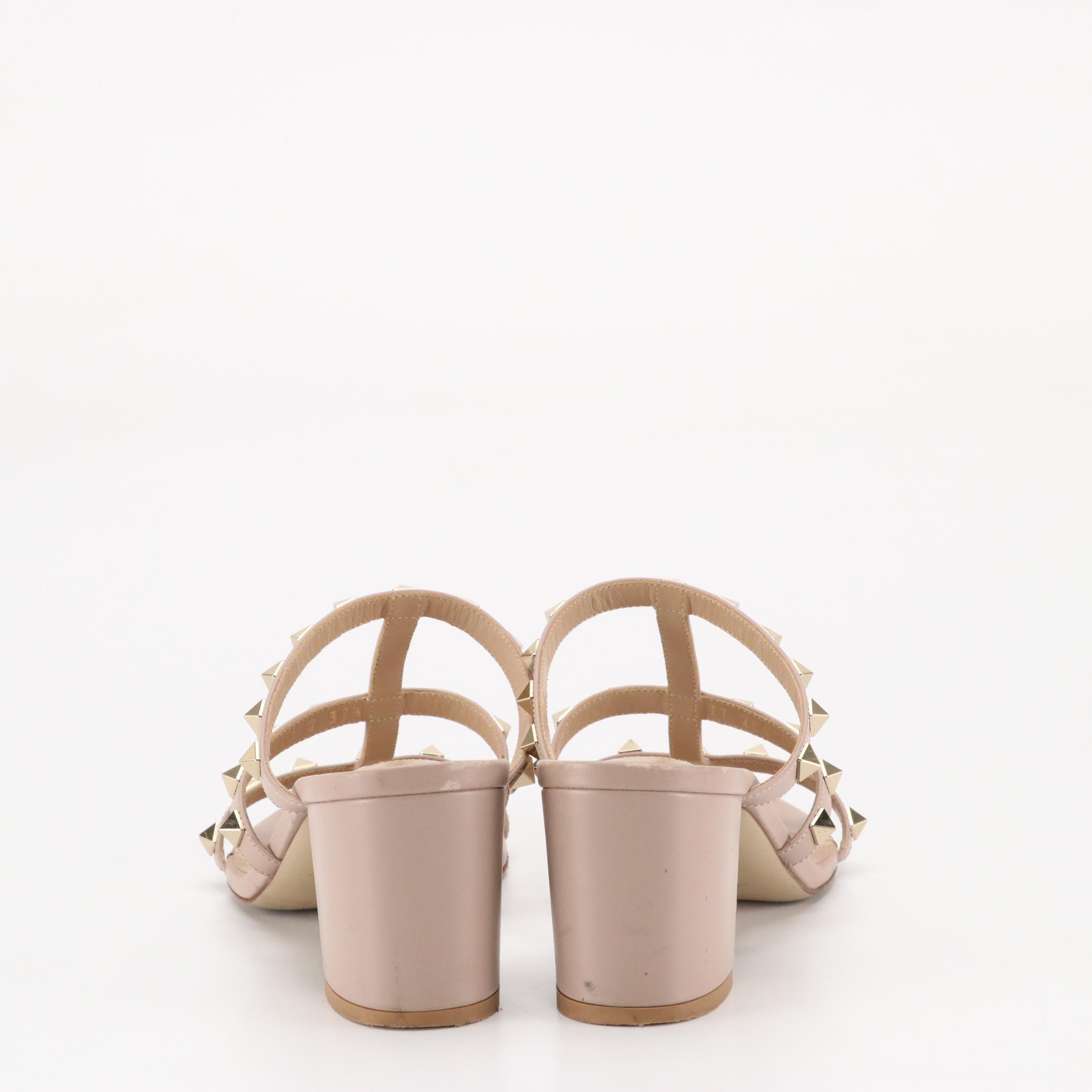 Valentino Garavani Rockstud Block-Heel Sandals in Beige Calfskin Leather