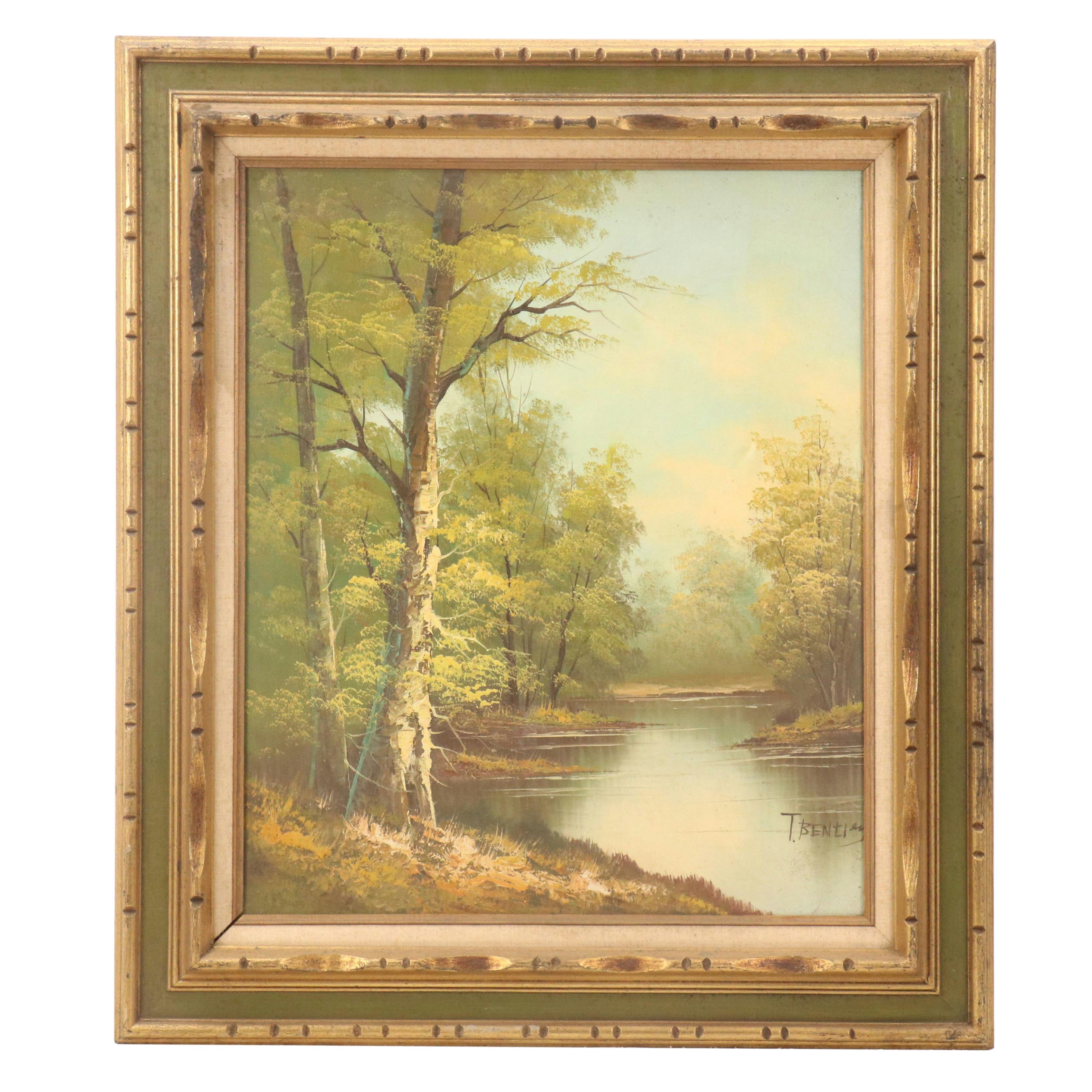 T. Bentley Landscape Oil Painting with Riverside Forest, Mid-Late 20th Century