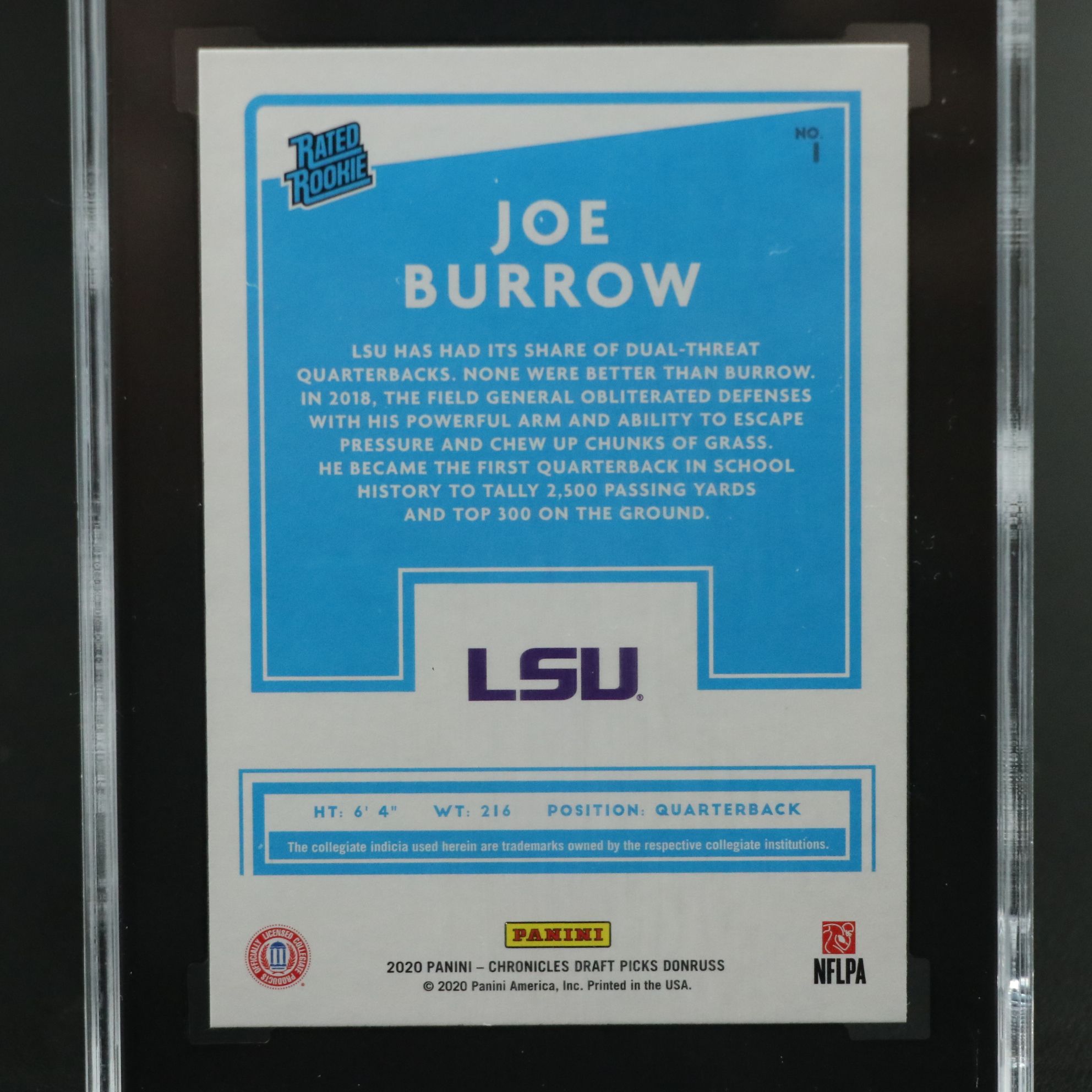 2020 Chronicles Draft Picks Joe Burrow Donruss Rated Rookie Card Graded SGC 10