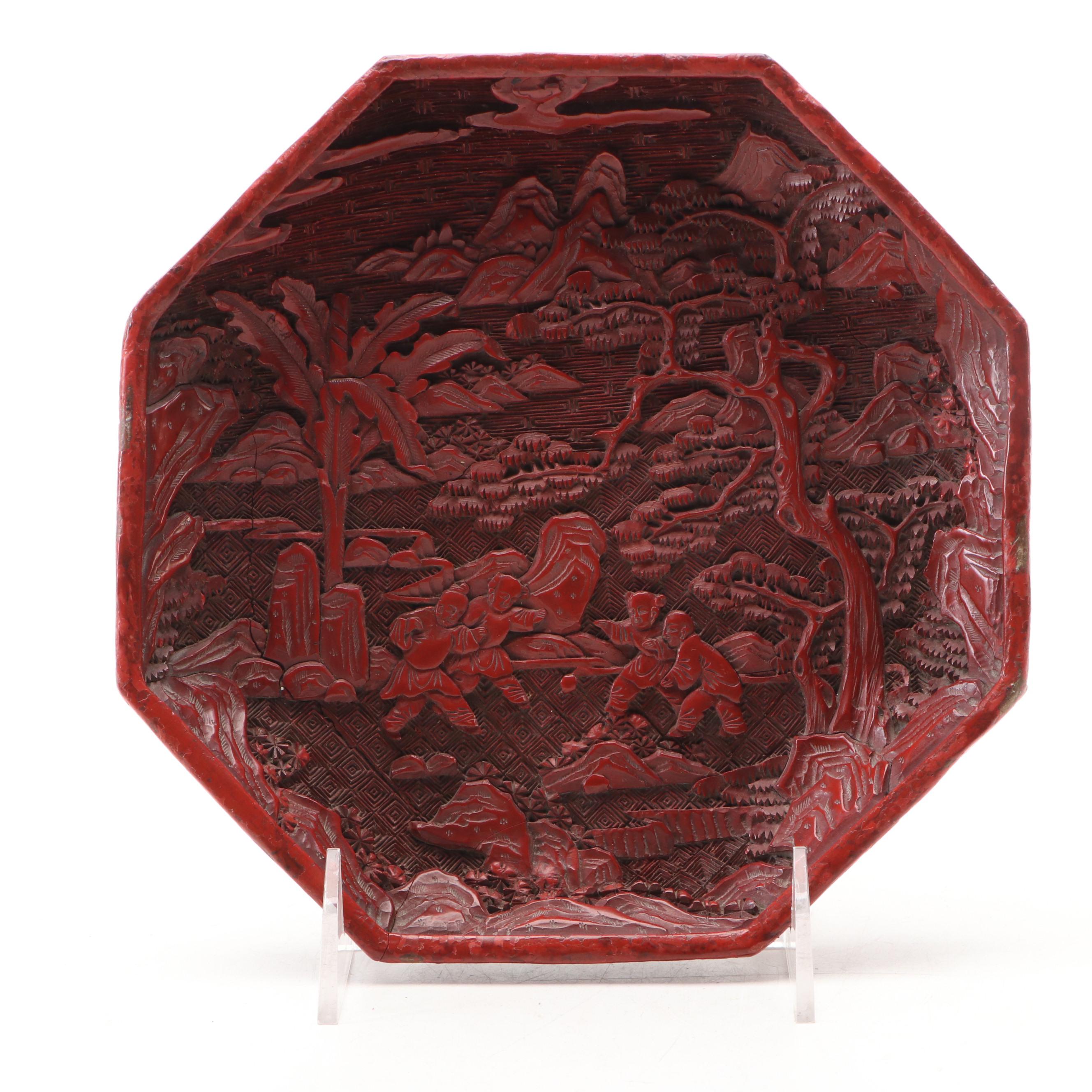 Chinese Cinnabar Lacquerware Hexagonal Plate, Early to Mid-20th Century