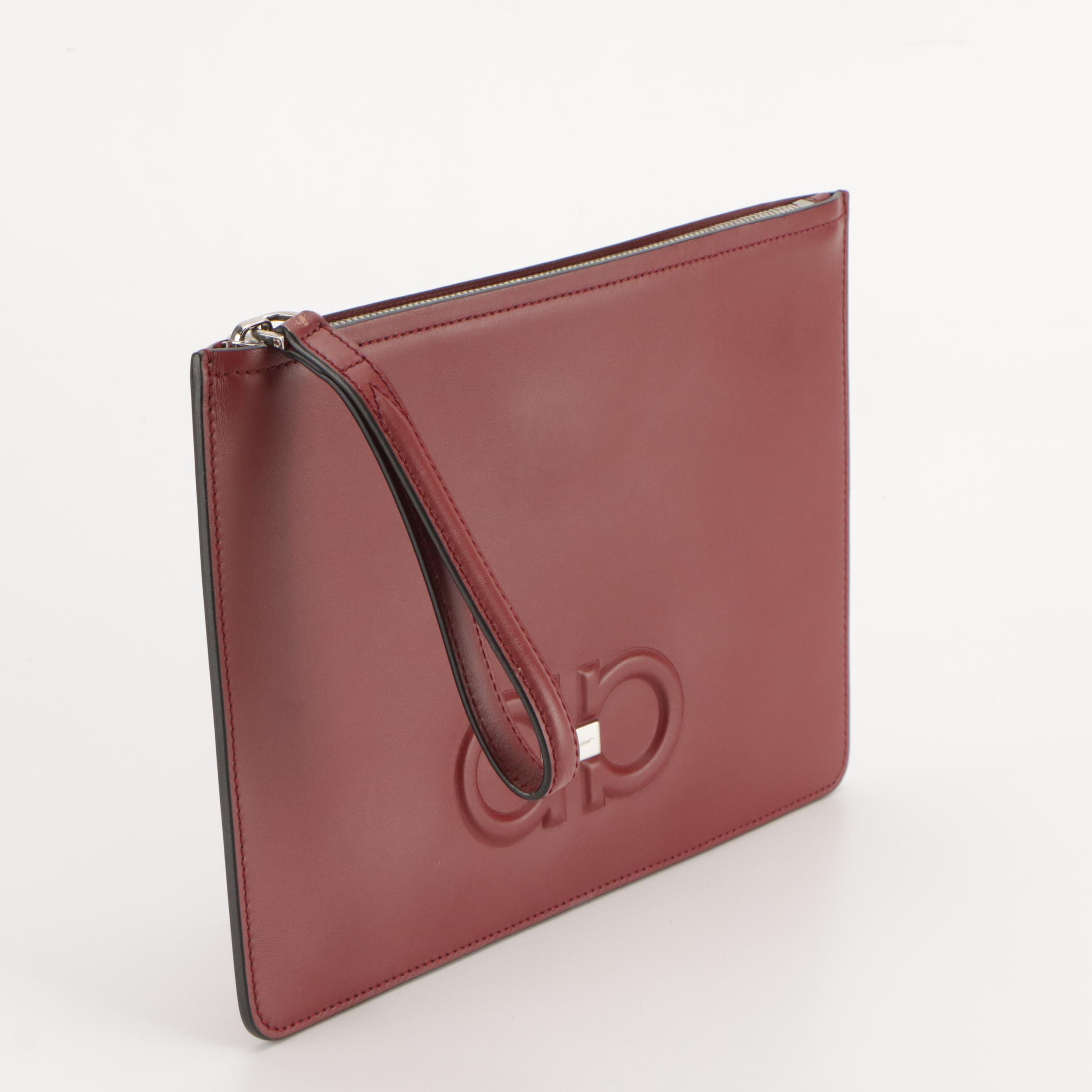 Salvatore Ferragamo Wristlet Zip Pouch in Burgundy Leather