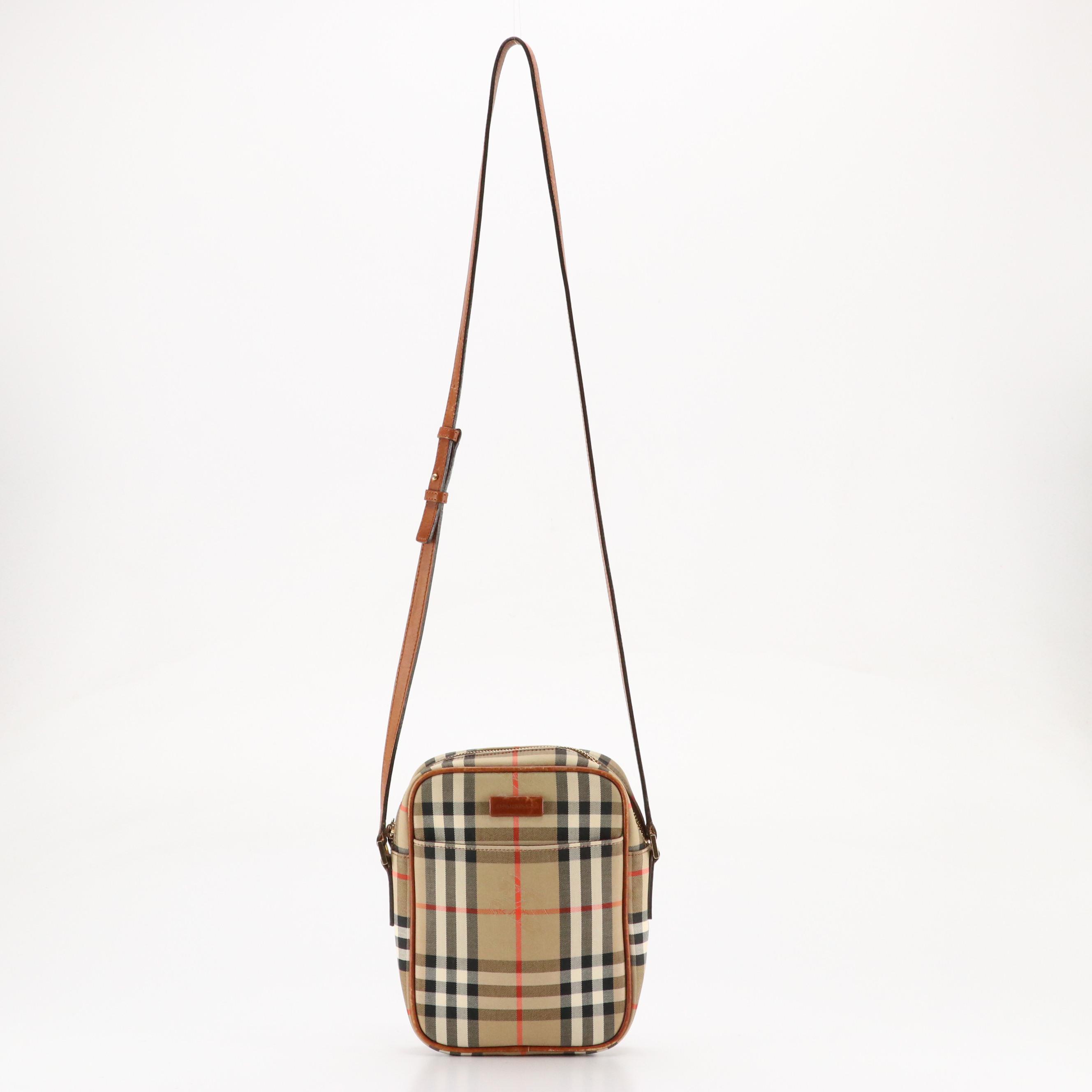 Burberry Crossbody Bag in Haymarket Check Canvas and Brown Leather Trim