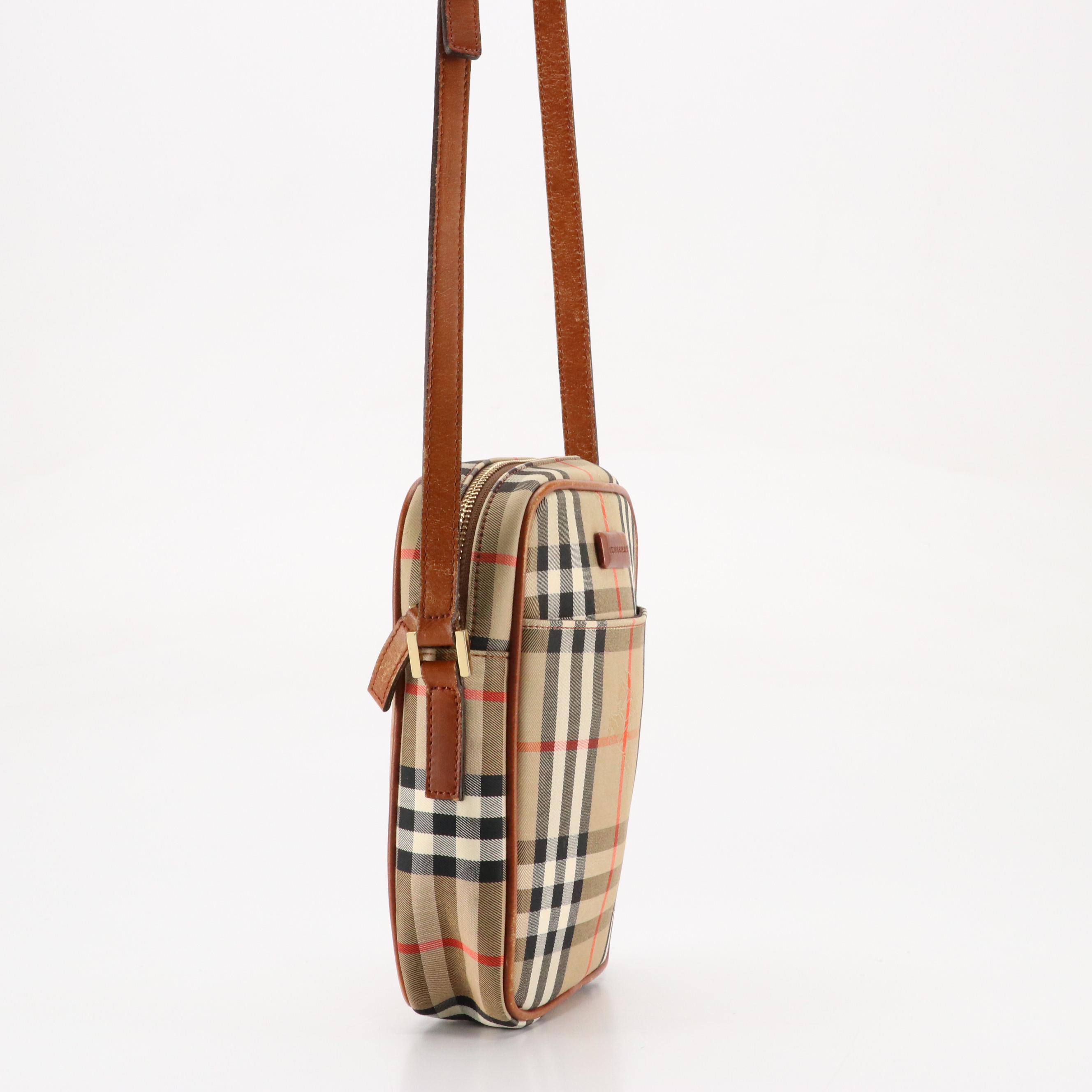 Burberry Crossbody Bag in Haymarket Check Canvas and Brown Leather Trim