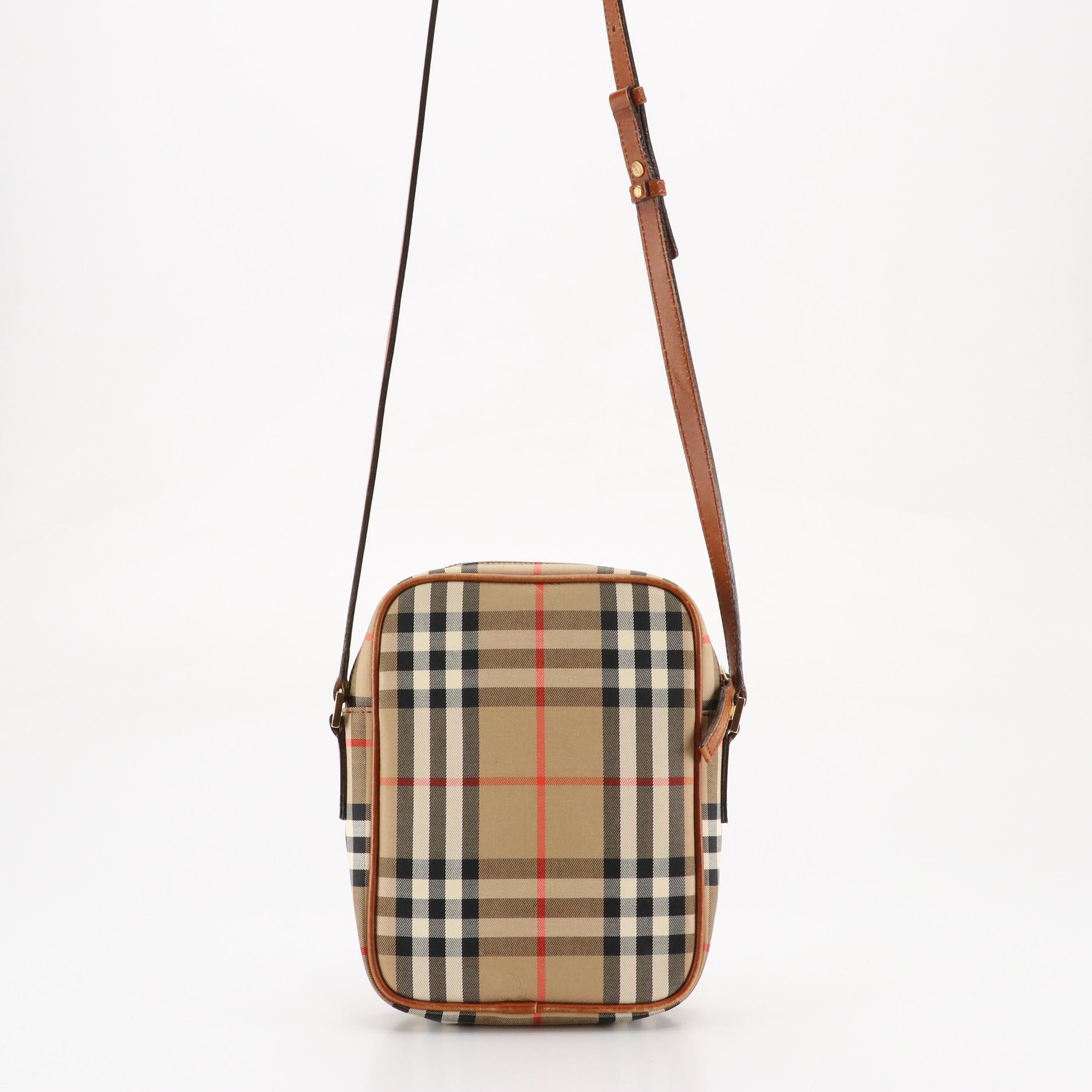 Burberry Crossbody Bag in Haymarket Check Canvas and Brown Leather Trim