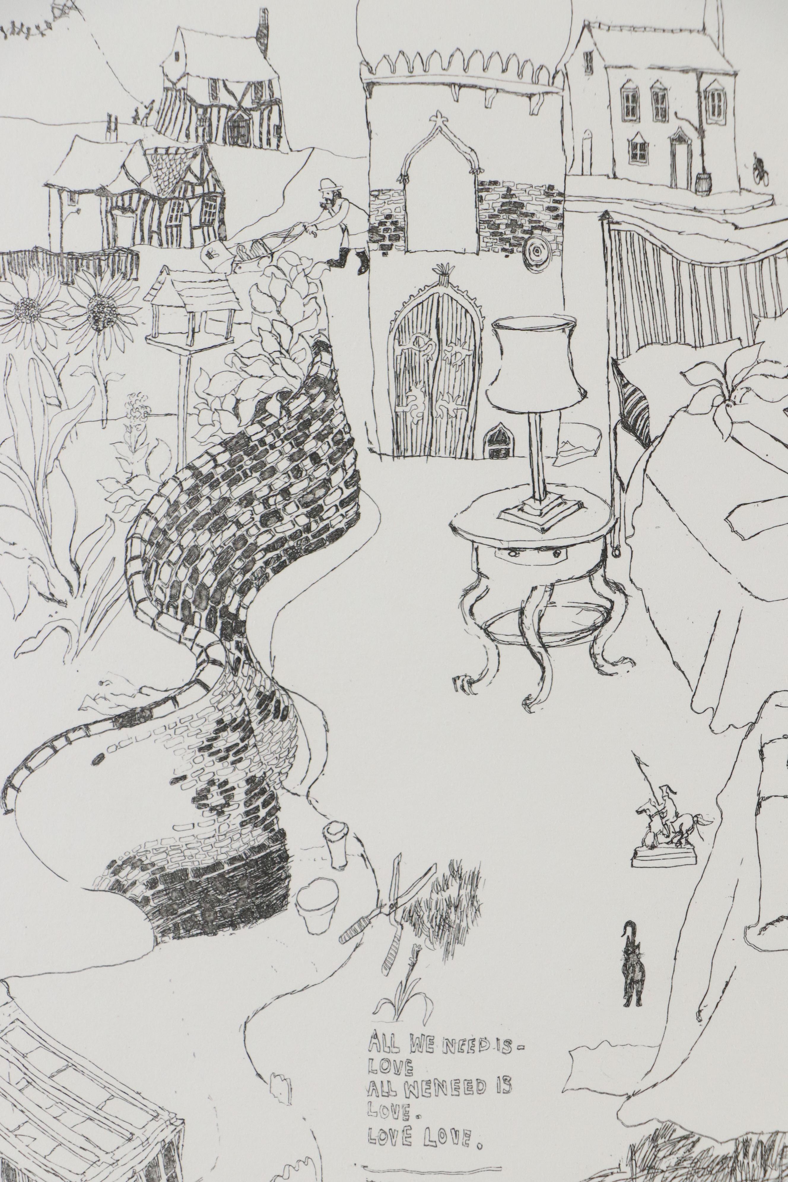 Trevor Allen Surrealist Etching "All We Need Is Love"