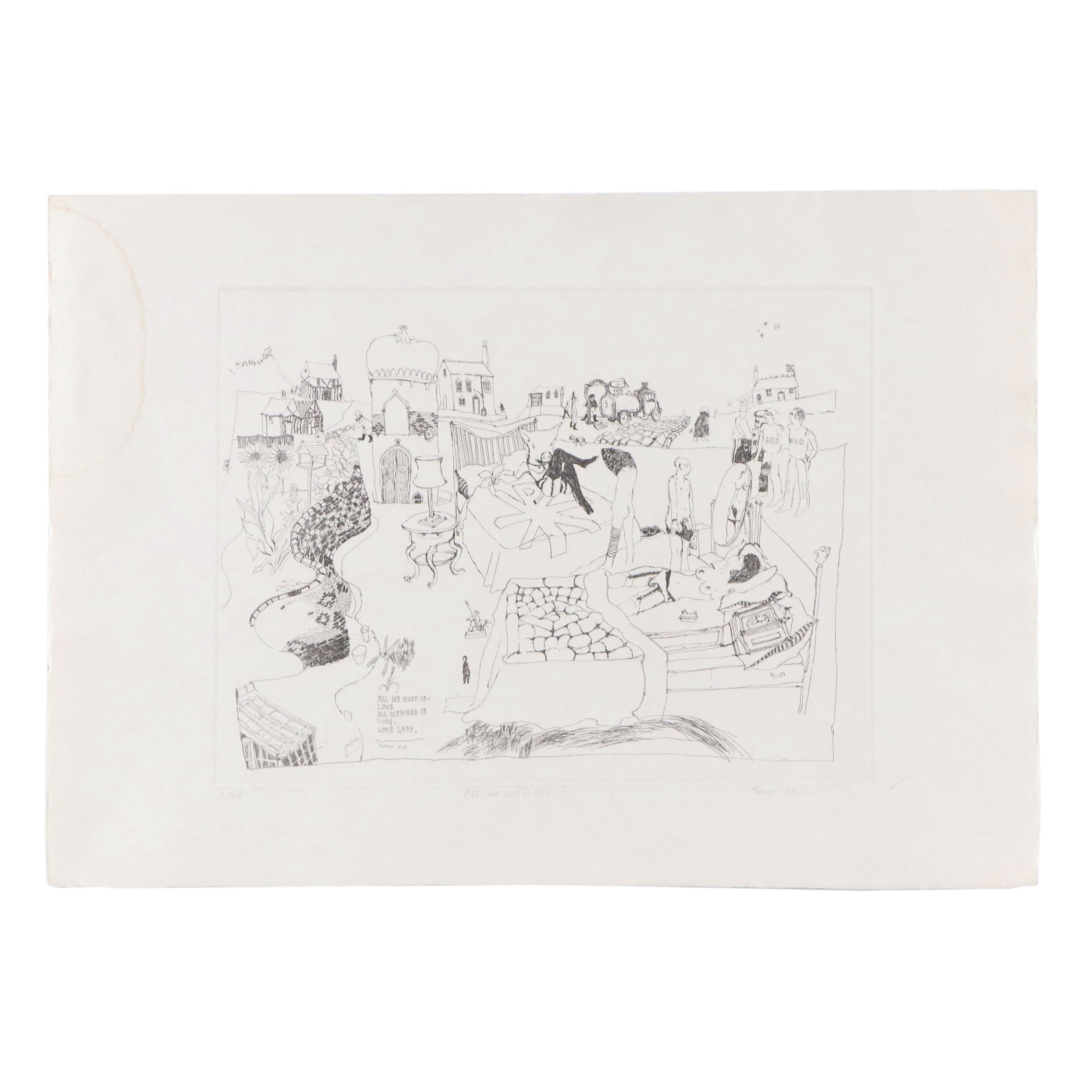 Trevor Allen Surrealist Etching "All We Need Is Love"