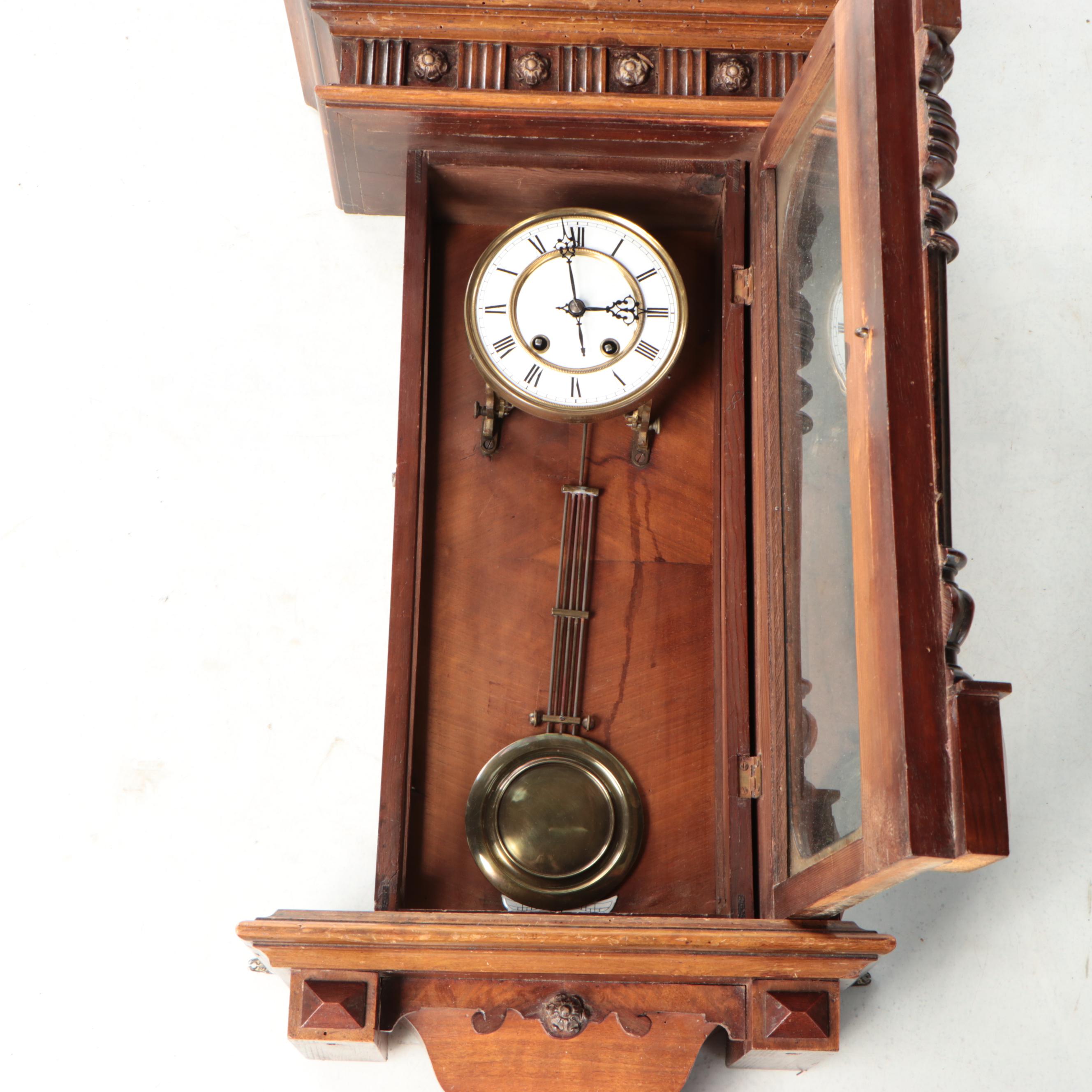 Vienna Style Carved Wood Pendulum Wall Clock, Early to Mid-20th Century