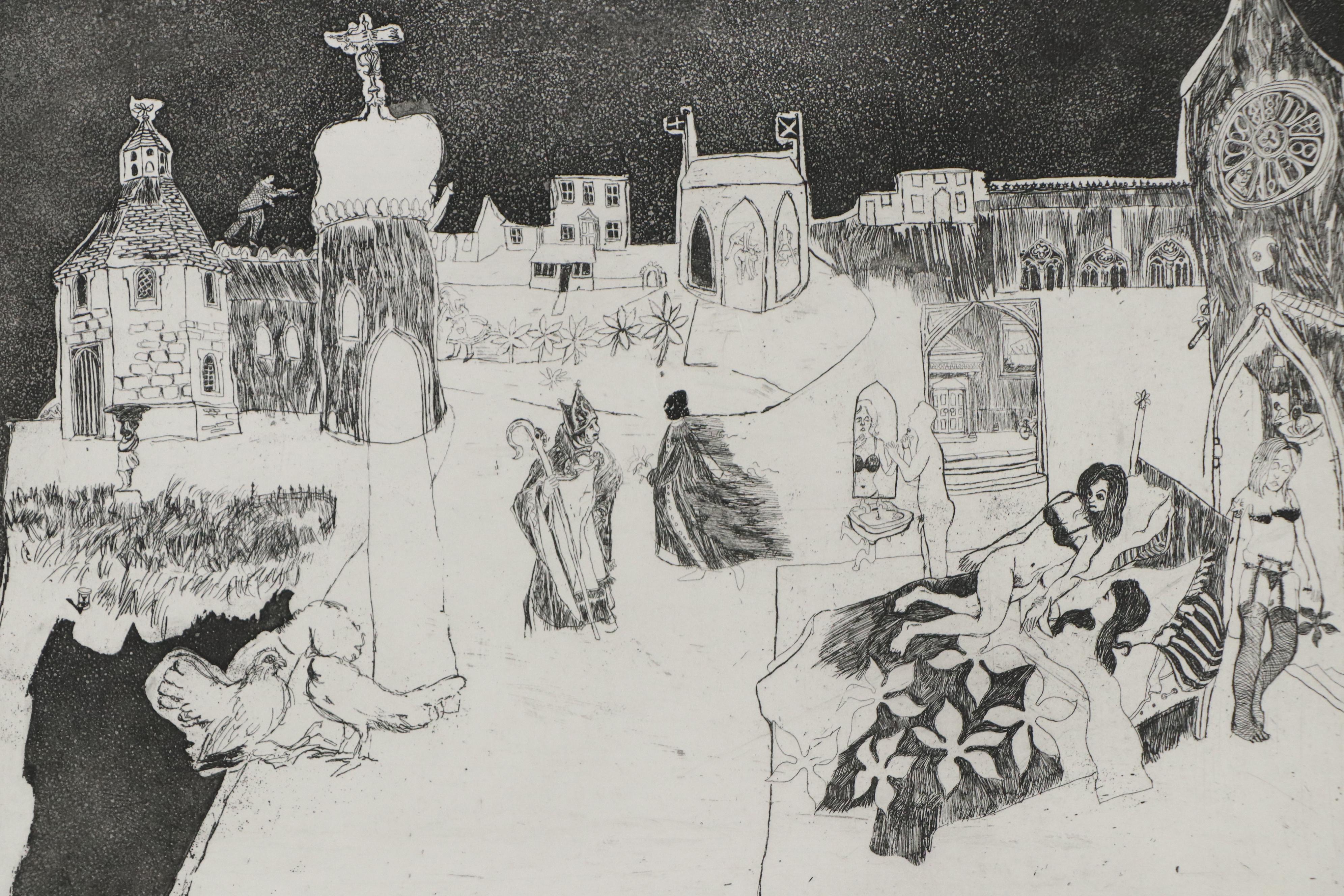 Trevor Allen Surrealist Etching "Balancing Act"