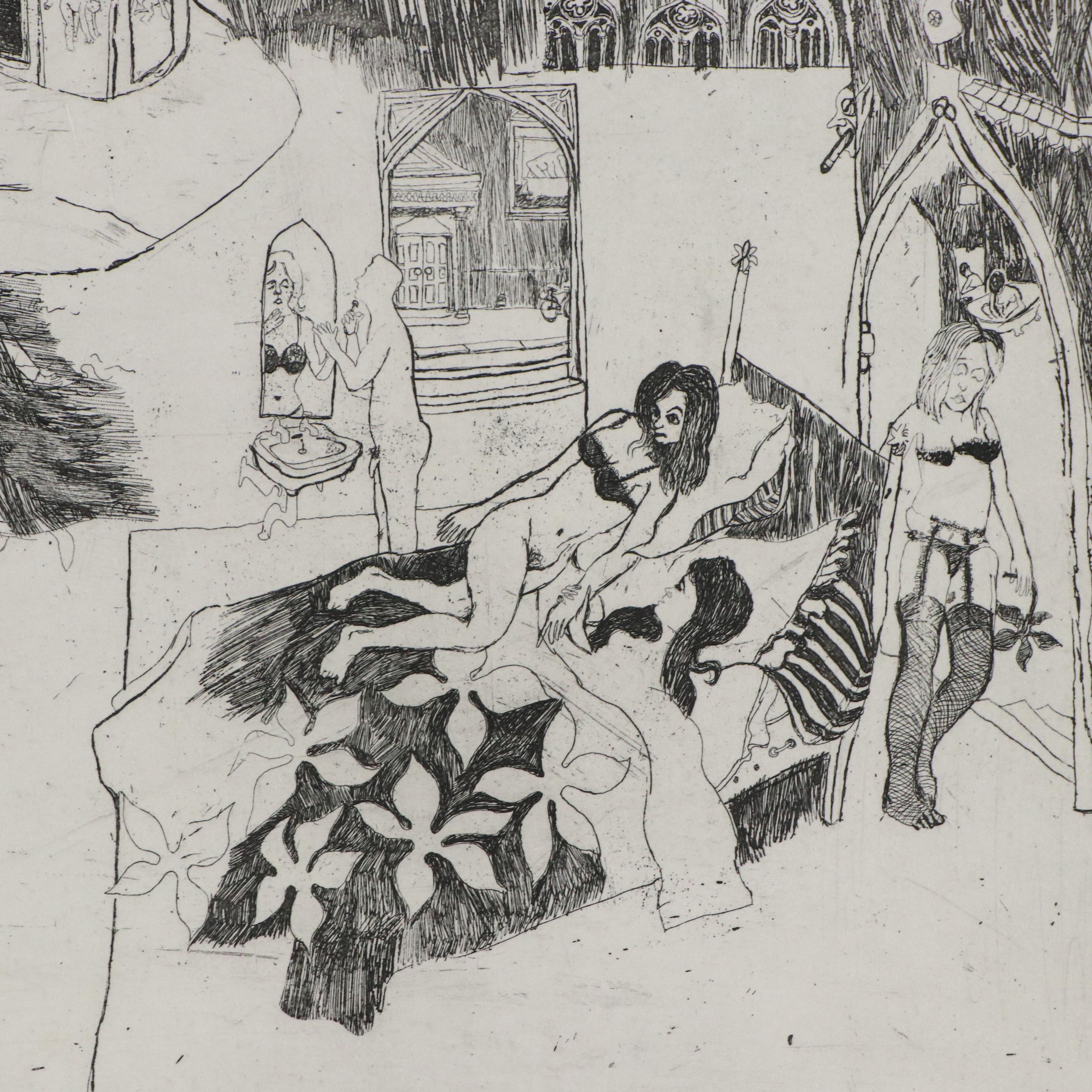 Trevor Allen Surrealist Etching "Balancing Act"