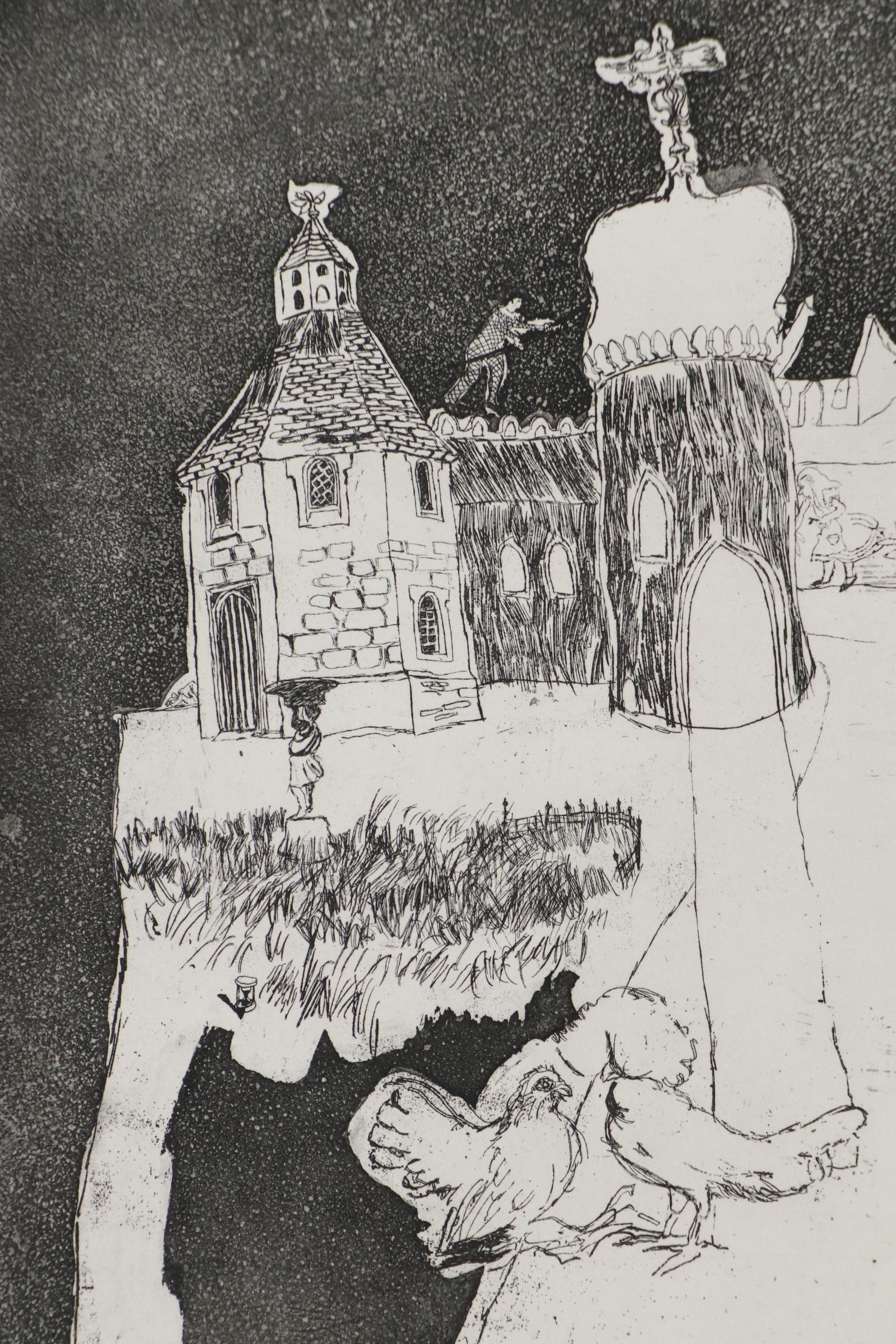 Trevor Allen Surrealist Etching "Balancing Act"