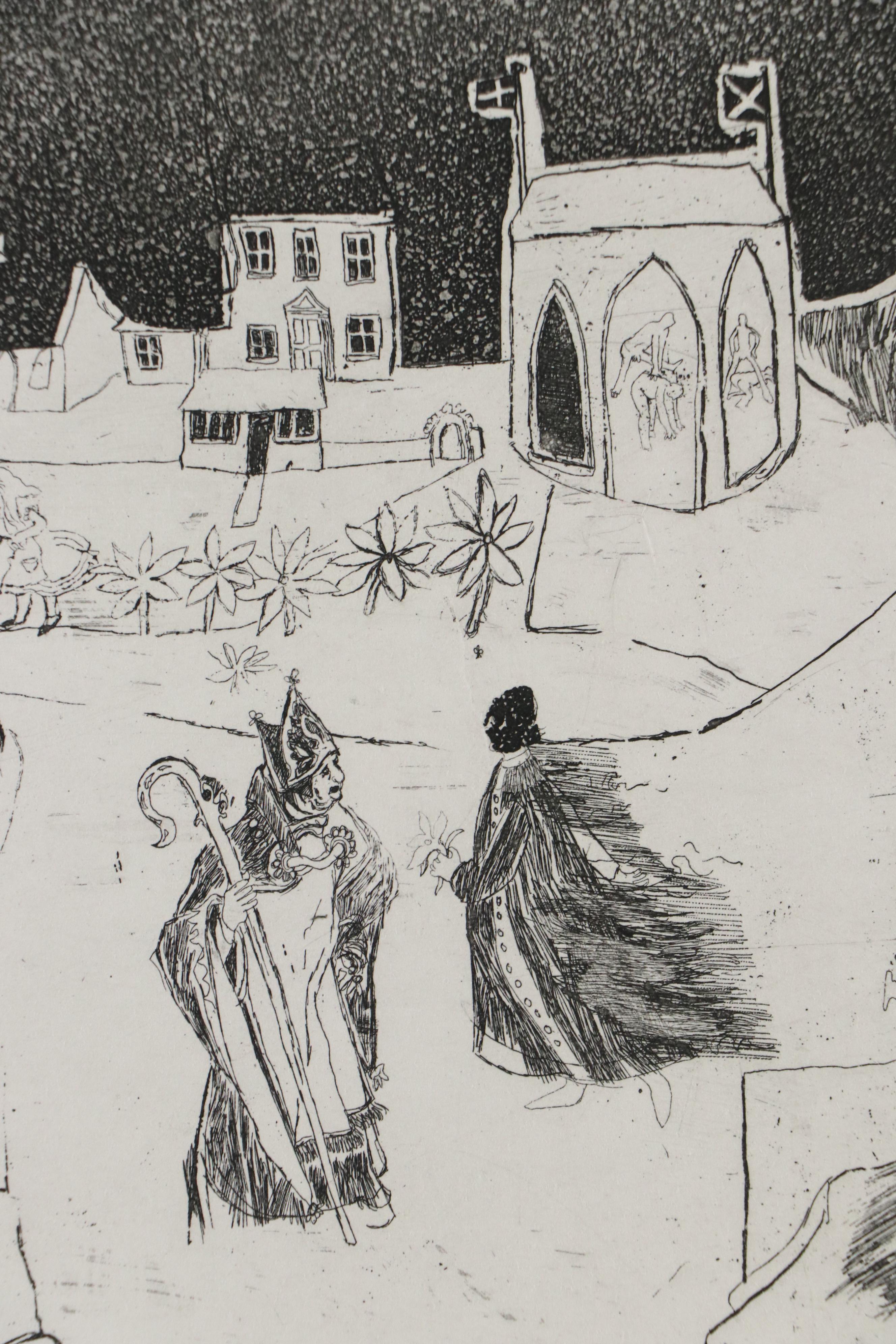 Trevor Allen Surrealist Etching "Balancing Act"