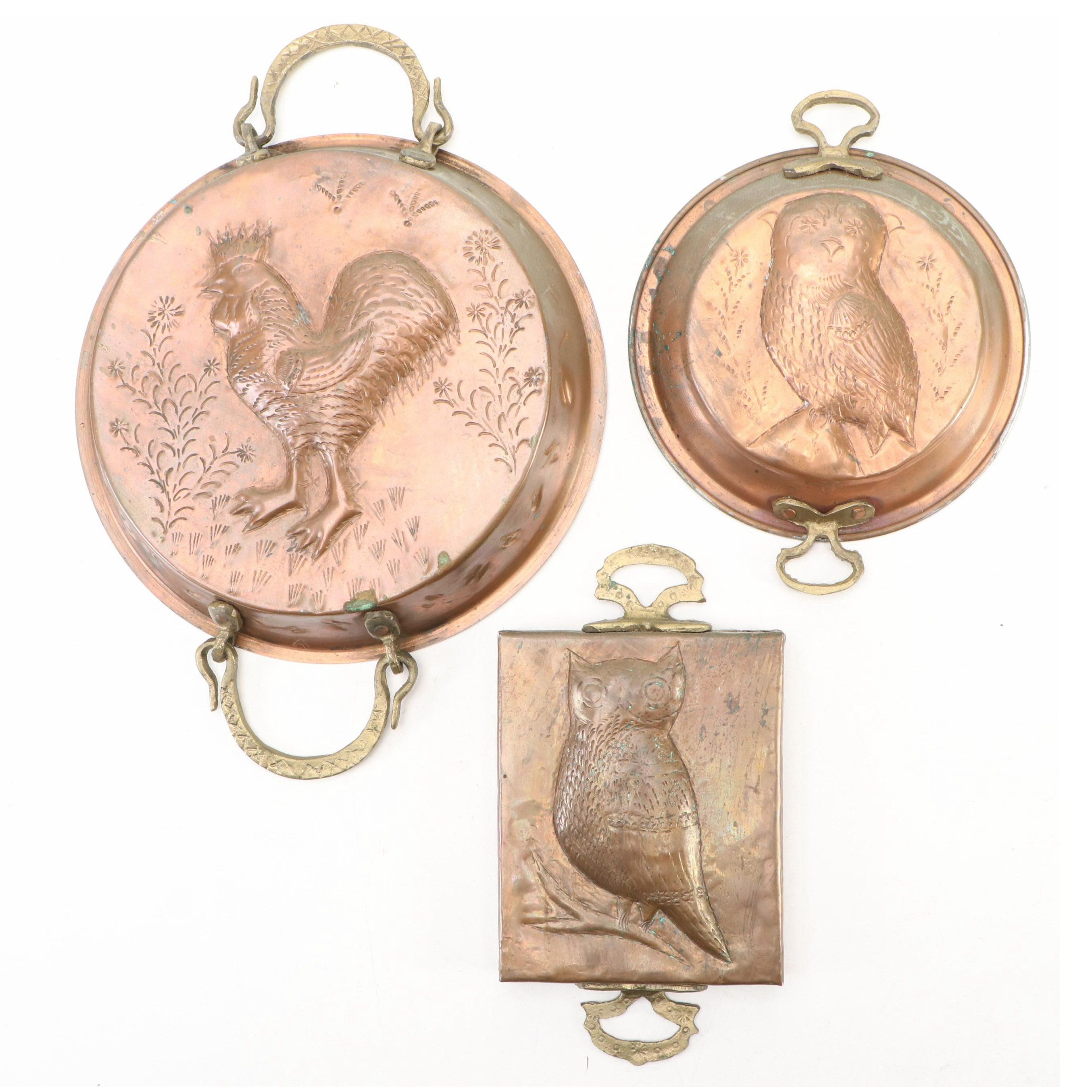 Owl and Rooster Tin Lined Copper Baking Molds