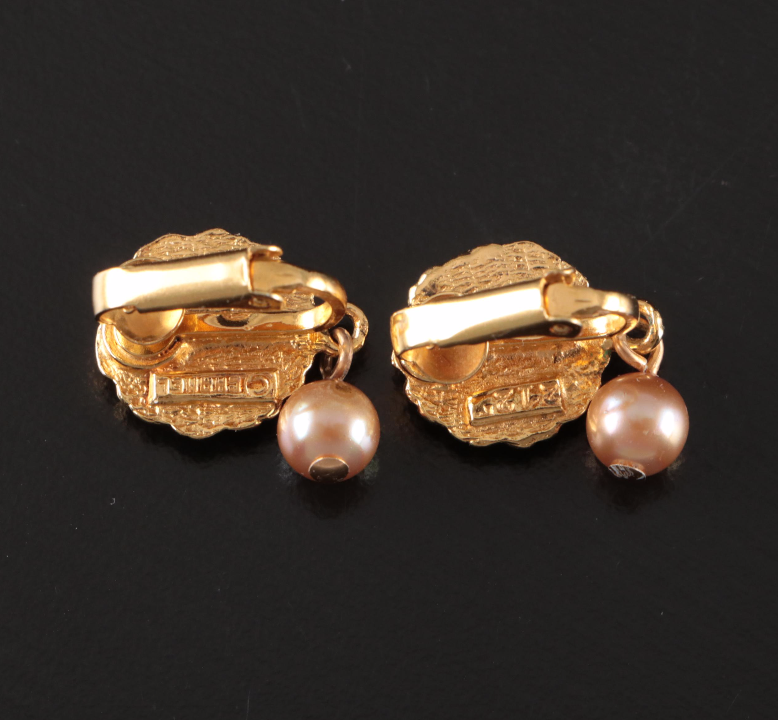 Chanel Imitation Pearl Dangle Clip Earrings
