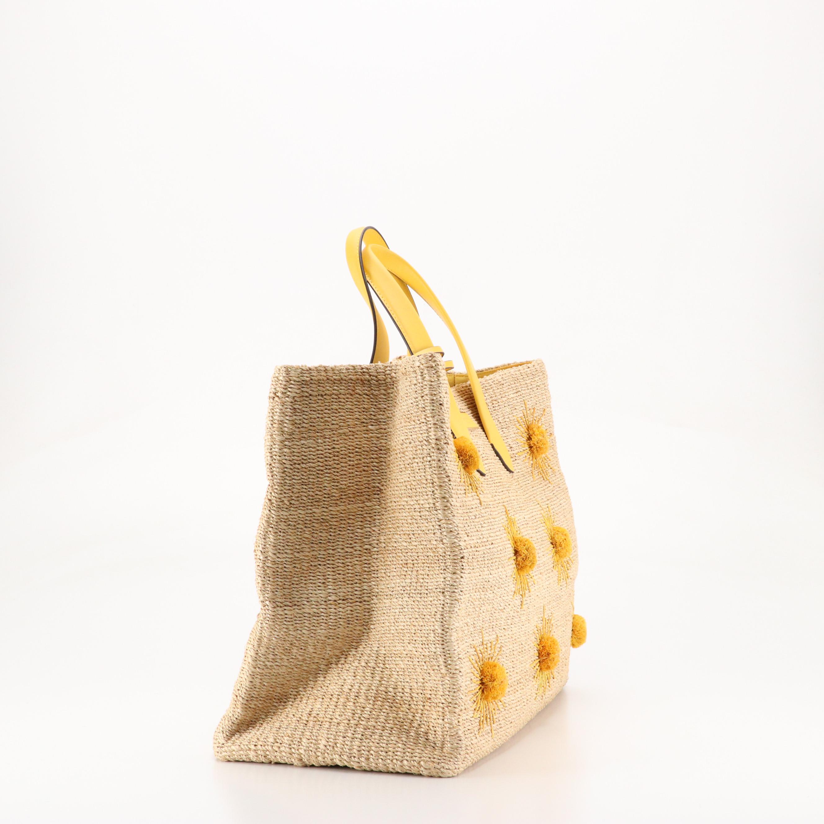 Kate Spade "Manhattan Sun" Large Raffia Straw Tote with Calfskin Leather Trim