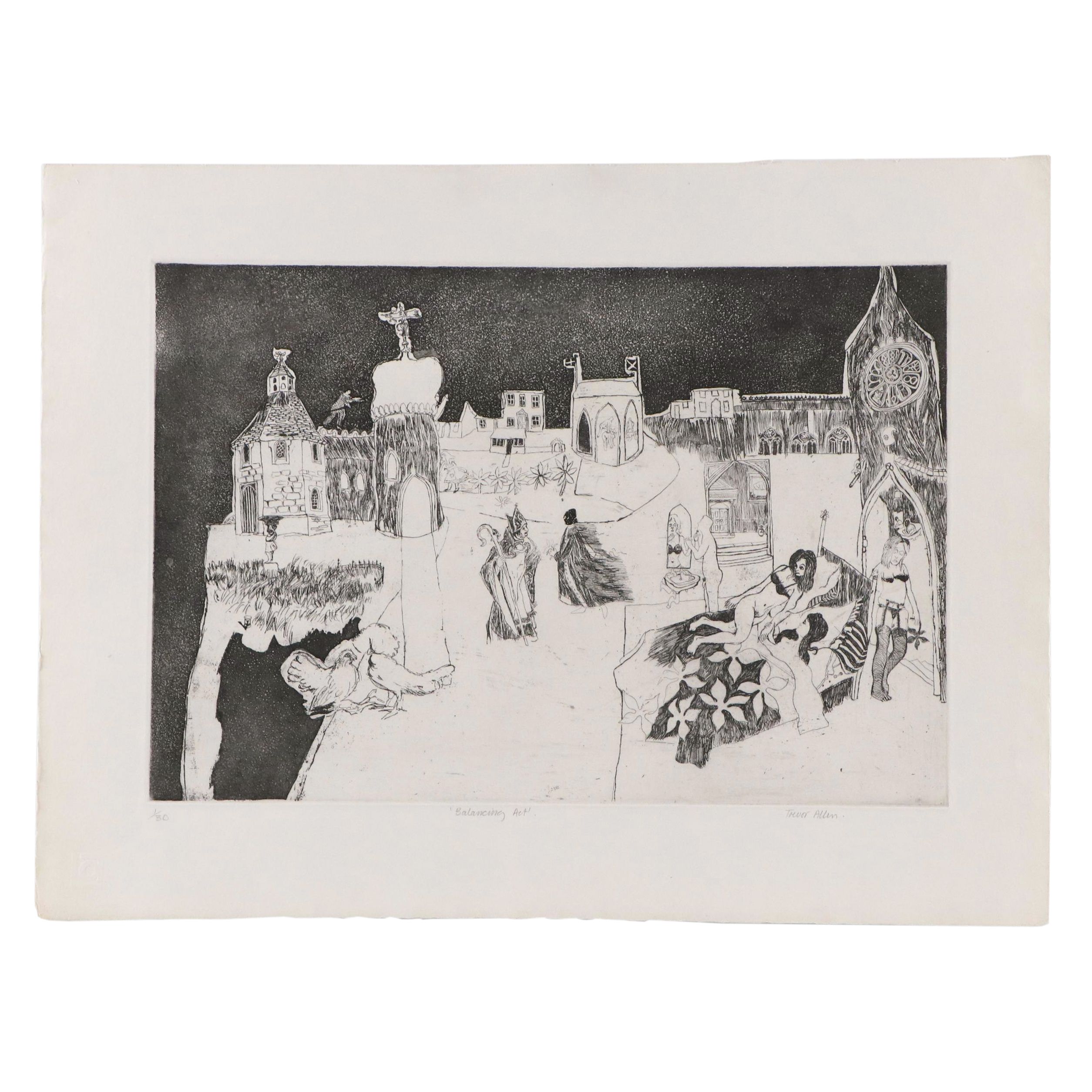 Trevor Allen Surrealist Etching "Balancing Act"