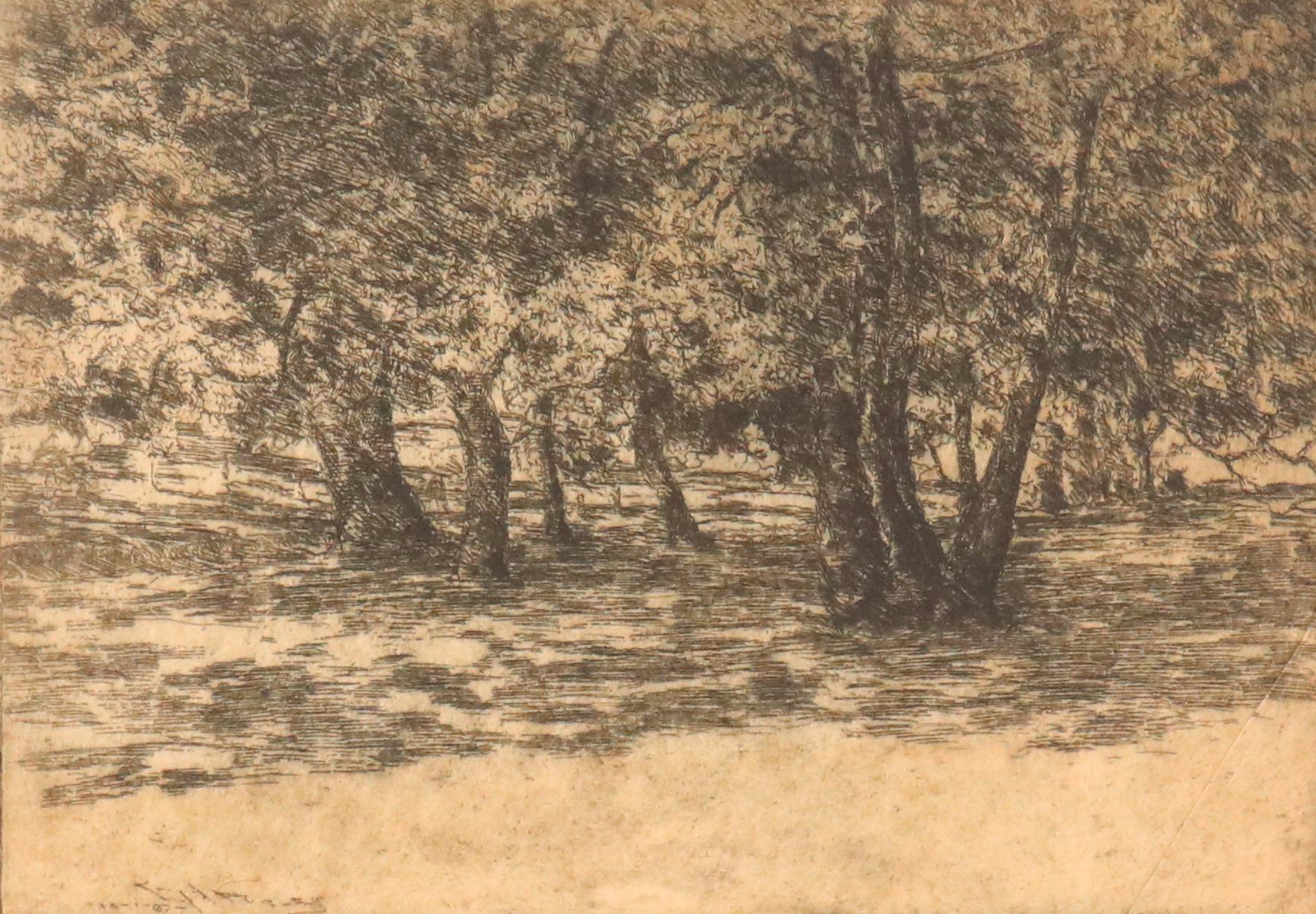 E. T. Hurley Wooded Landscape Etching, Circa 1907