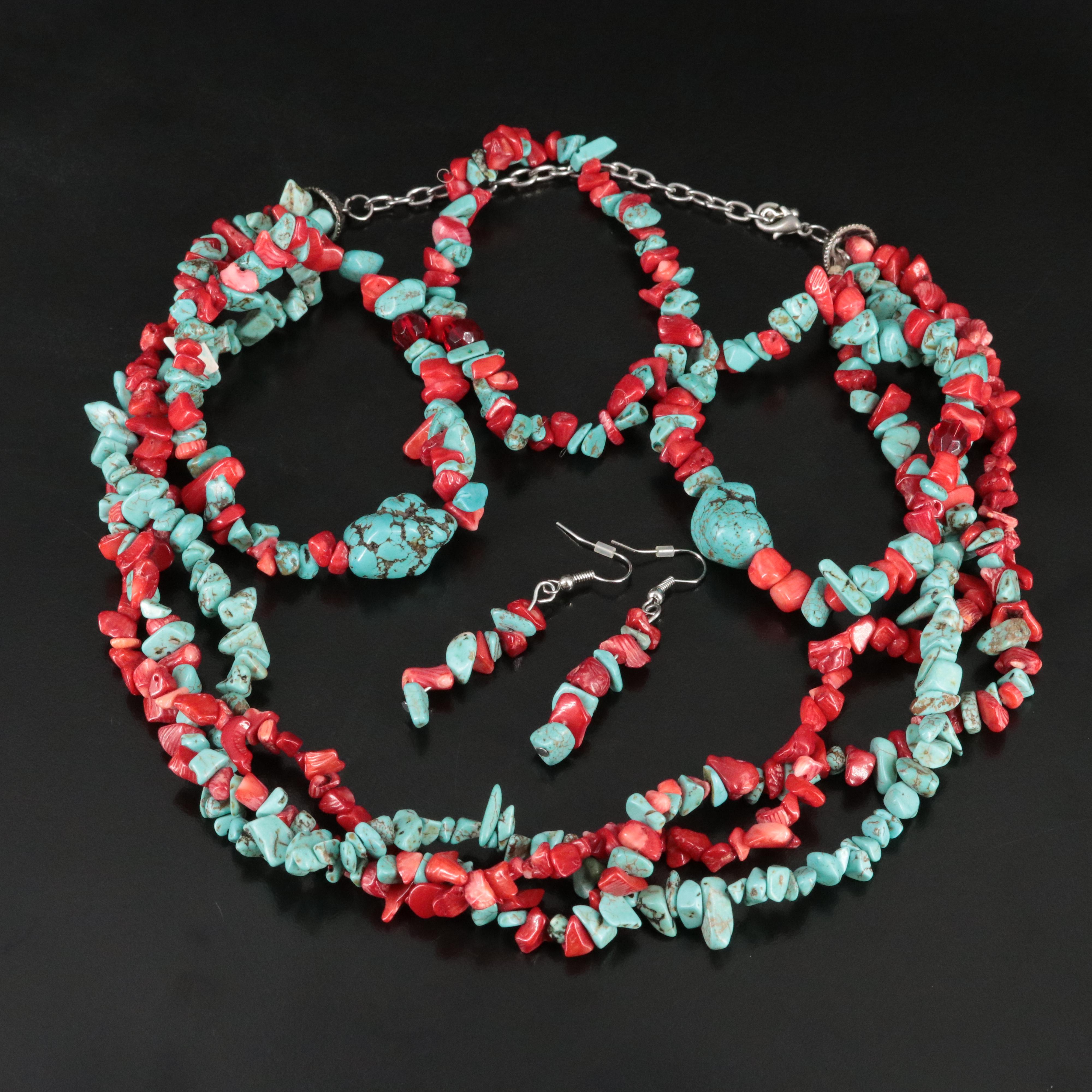 Magnesite and Coral Necklace, Bracelet and Earring Set